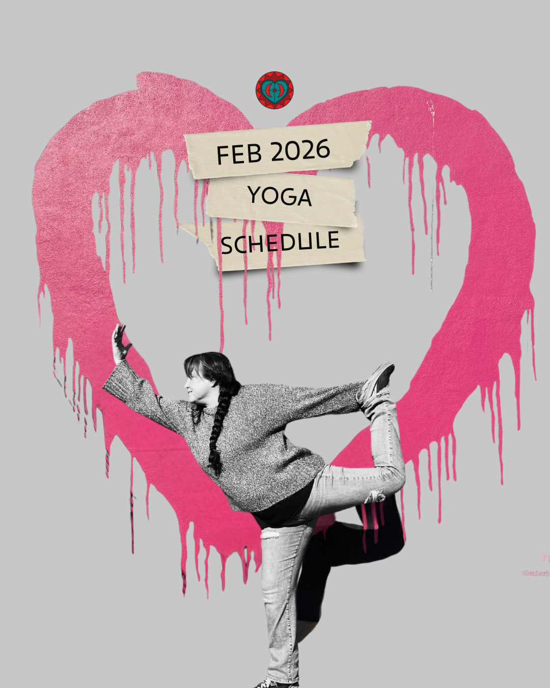 Yoga Series Announcement, Roxanne in Dancer Pose with a heart in the background