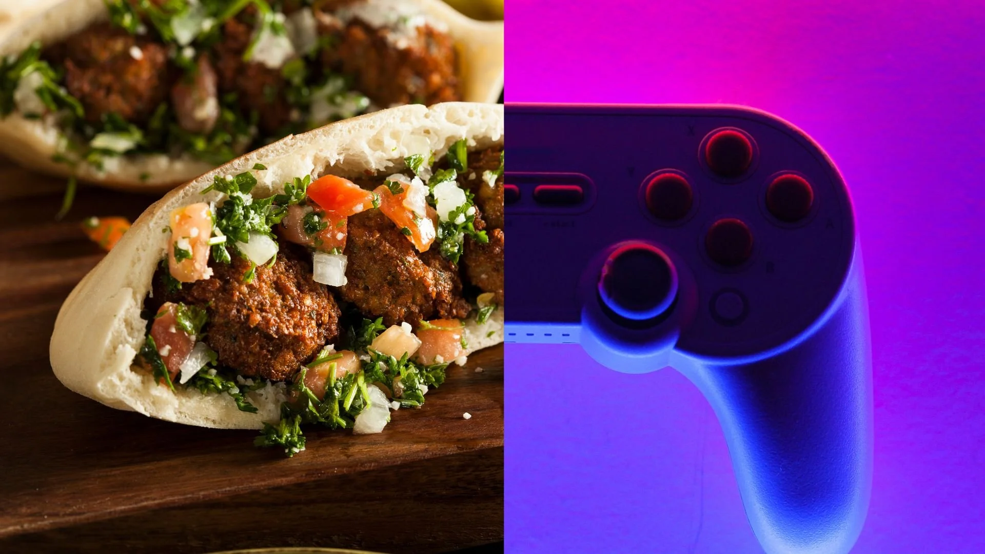 A split image with a close-up of a beef gyro sandwich with chopped vegetables and herbs on the left, and a black gaming controller with red buttons on a purple-lit background on the right.