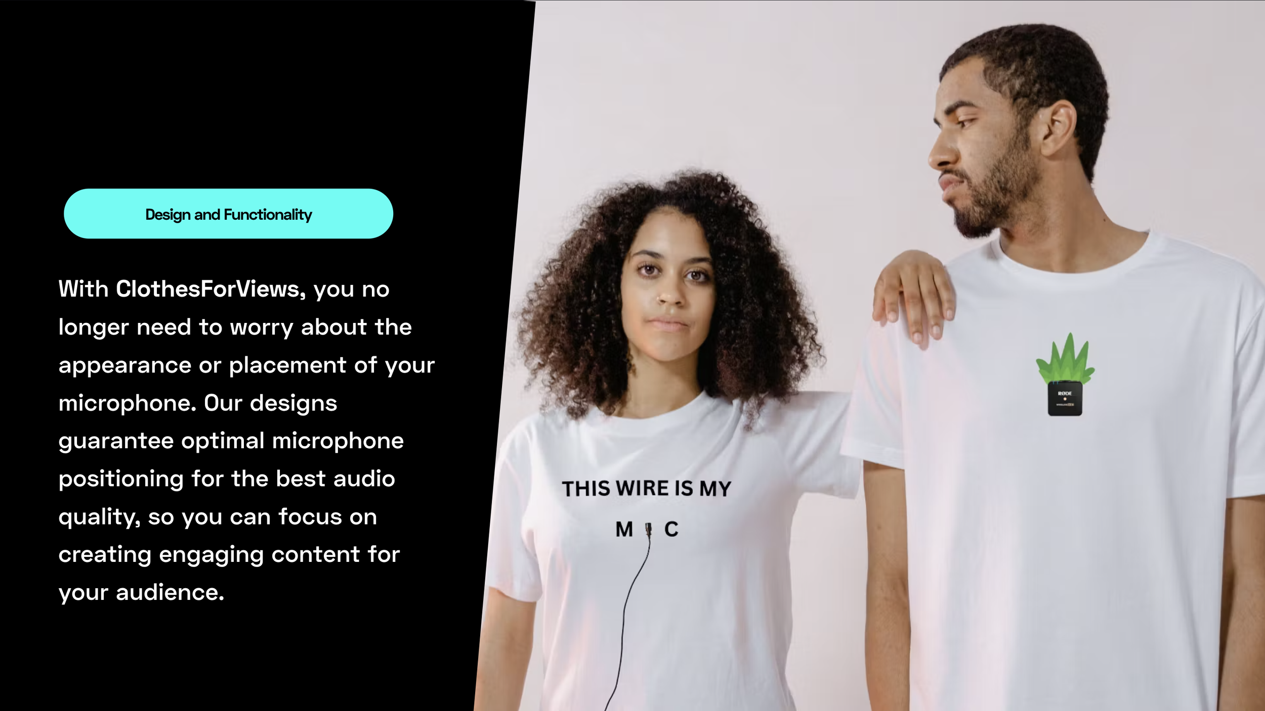 A man and woman wearing white T-shirts with creative text and graphics, standing side by side against a plain background.