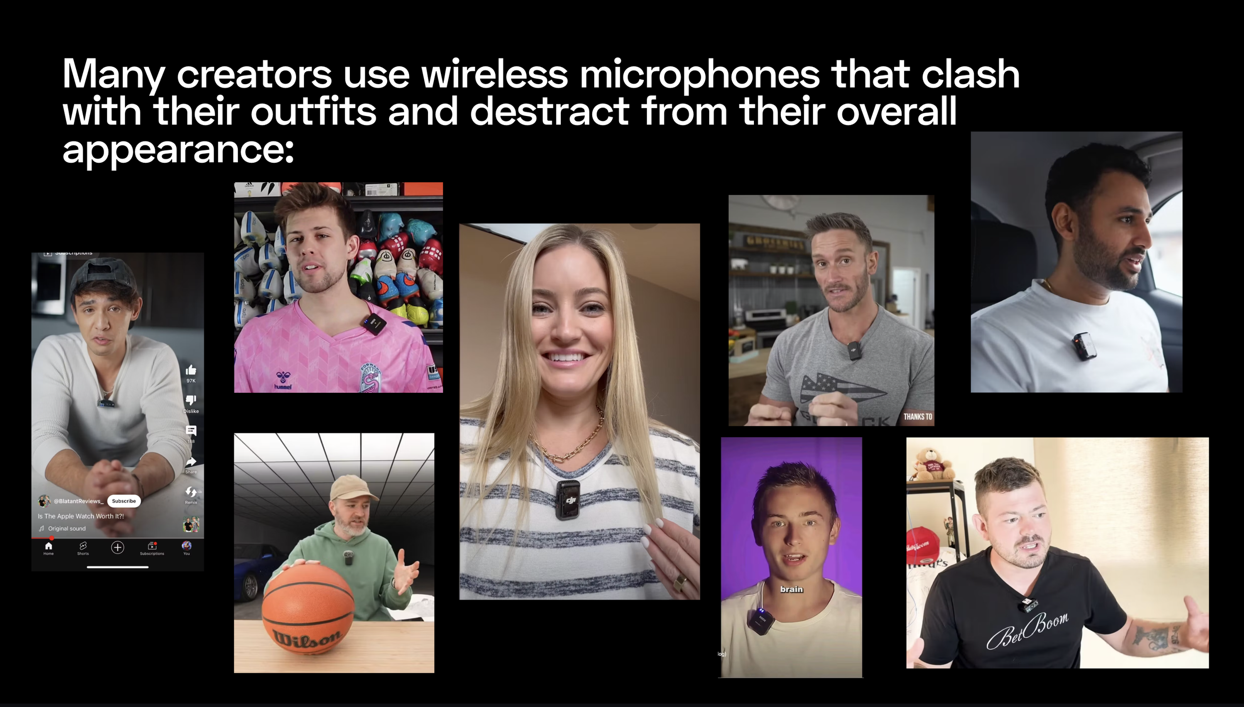 Collage of eight people demonstrating wireless microphones clipped to their clothing, showing diverse ages, genders, and backgrounds.