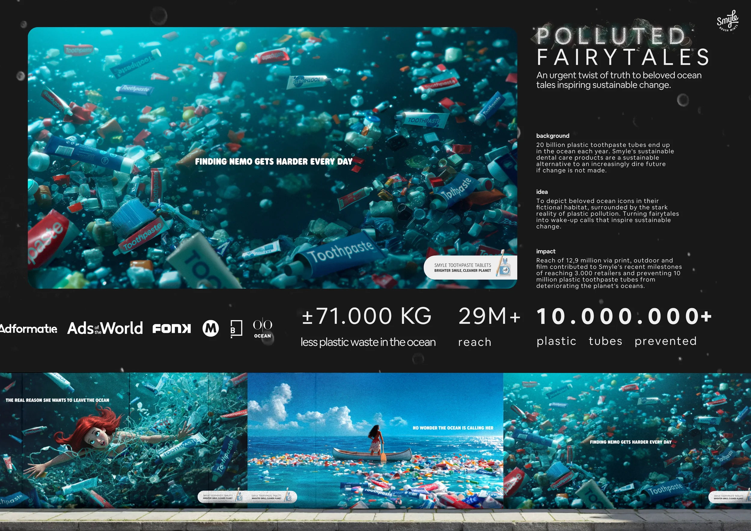 A large billboard showing a colorful, underwater scene filled with floating plastic toothpaste tubes, illustrating ocean pollution. The billboard promotes awareness about plastic waste in oceans and highlights the impact of plastic pollution.