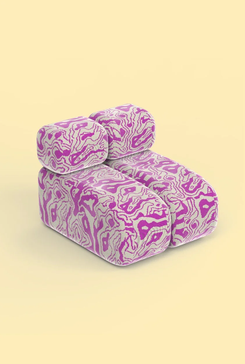 Two modern chairs with purple and white swirling patterned upholstery, located on a pale yellow background.