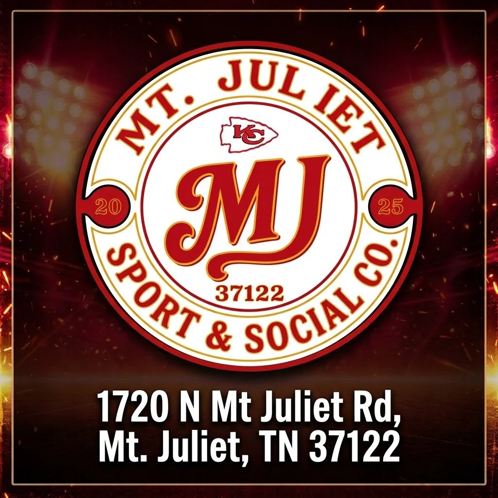 Logo for Mount Juliet Sport & Social Co., featuring a large circle with the company initials 'M' and 'J', the location initials 'KC' with a small KC icon, and the address 1720 N Mt Juliet Rd, Mt Juliet TN 37122.