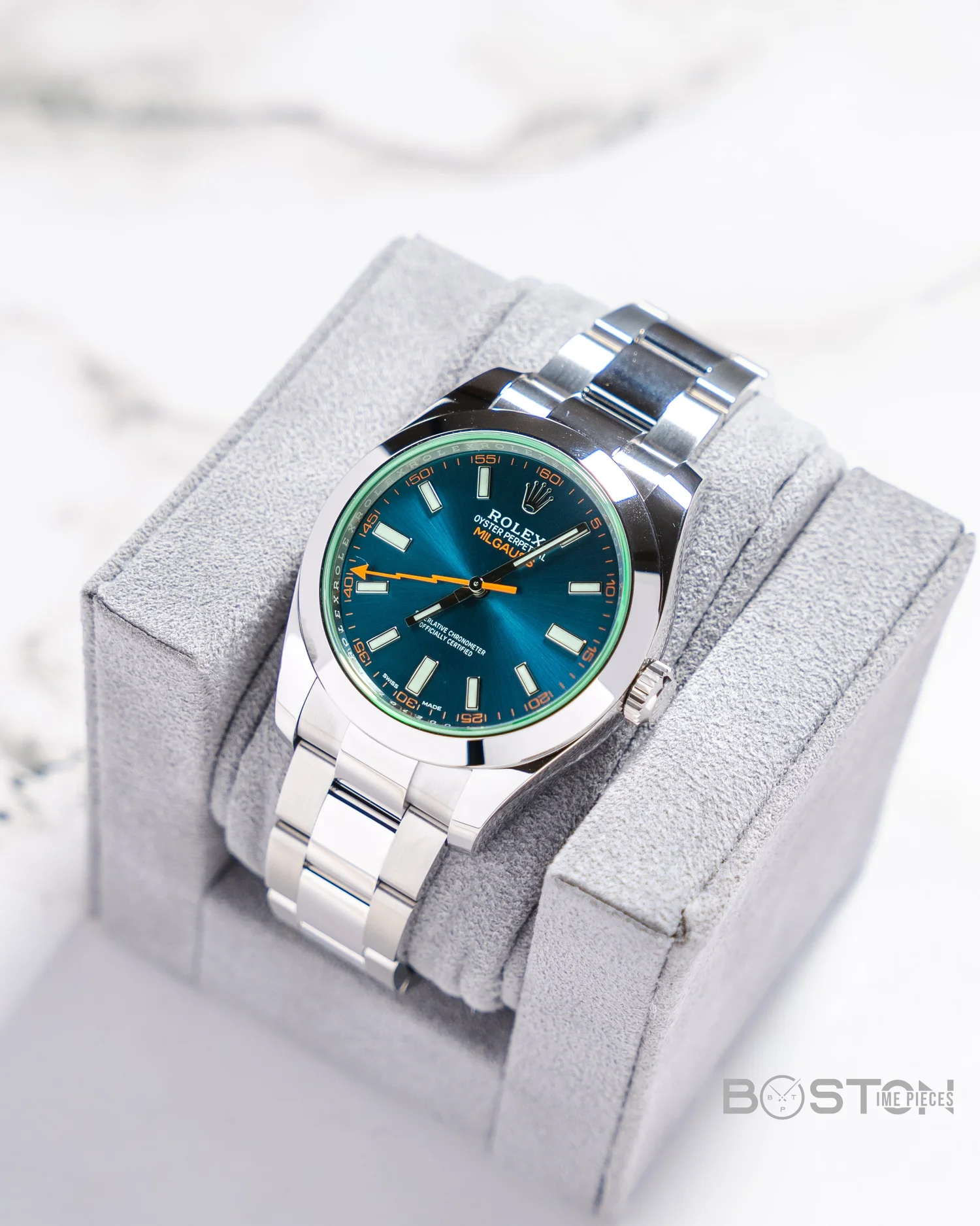 Rolex Steel Milgauss Watch Blue Dial With Green Crystal 116400
