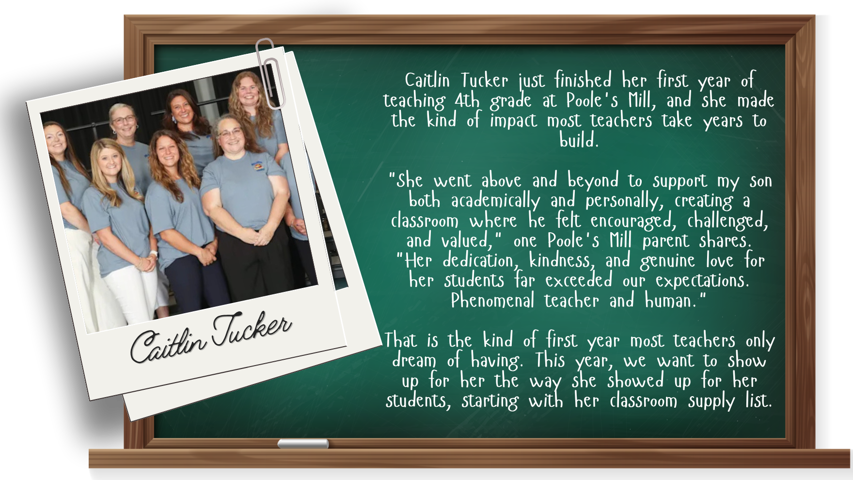 Caitlin Tucker poses with a group of fellow teachers, polaroid style photo on a chalkboard background introducing her as this year's Adopt a Teacher feature.