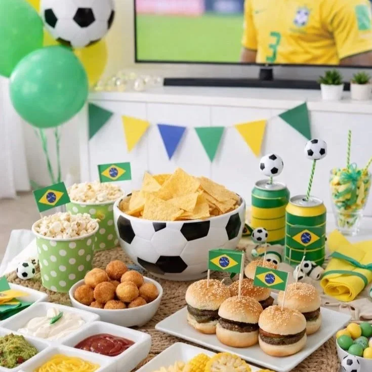 Brazil themed World Cup watch party food spread with sliders nachos popcorn french fries and drinks in a soccer ball bowl with green and yellow balloons and a soccer match on TV 