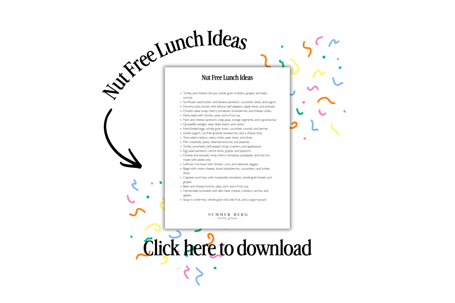 Nut free lunch ideas printable guide, free back to school download from Summer Berg Realty Group.