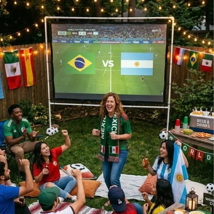 Outdoor backyard World Cup watch party with friends cheering wearing team jerseys watching Brazil vs Argentina on a projector screen surrounded by string lights international flags food and drinks on a picnic table