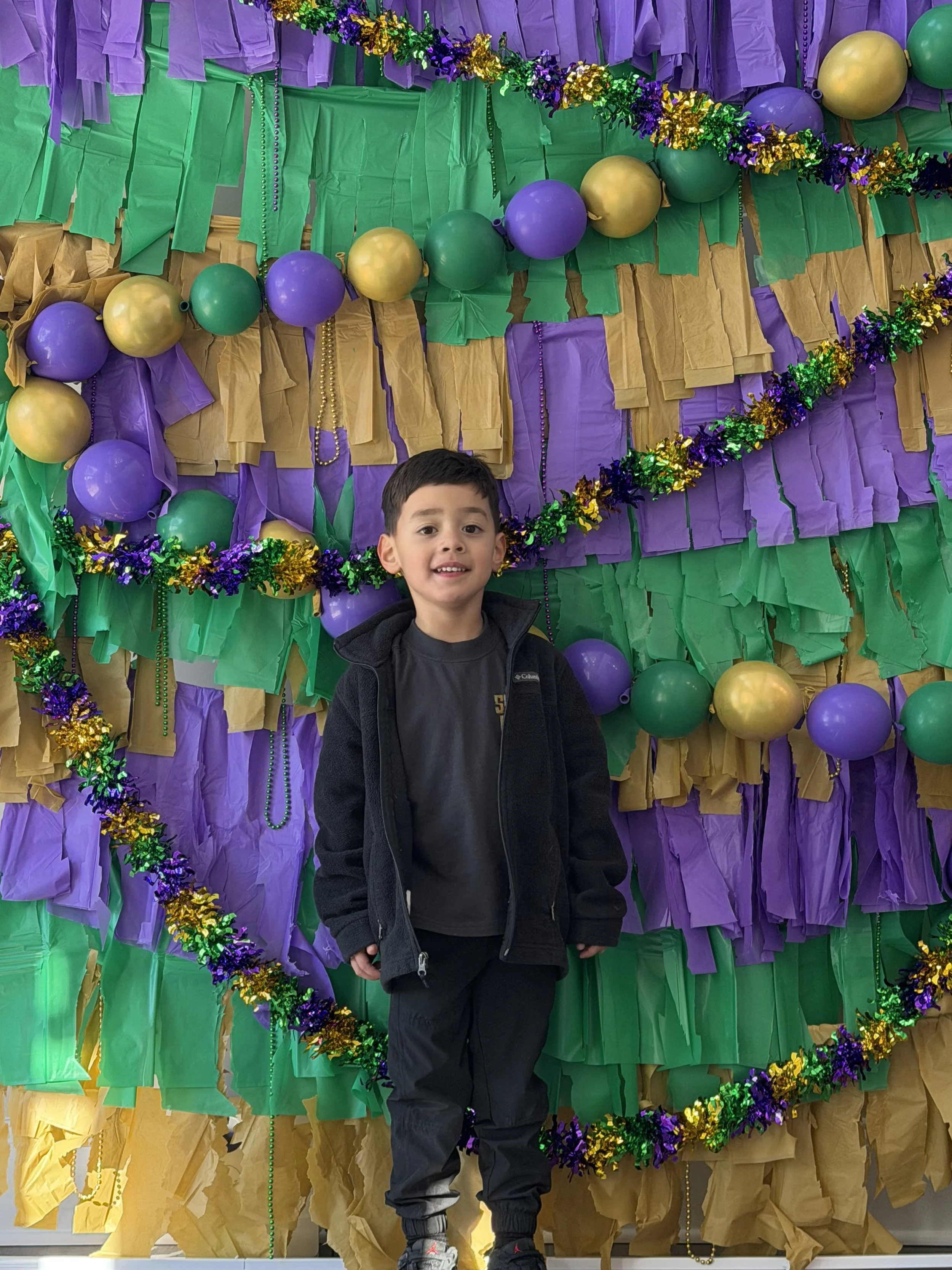 colorful Mardi Gras themed DIY party backdrop featuring layered purple green and gold fringe tissue paper balloons and metallic garland demonstrating a creative and budget friendly party backdrop idea from SB Realty