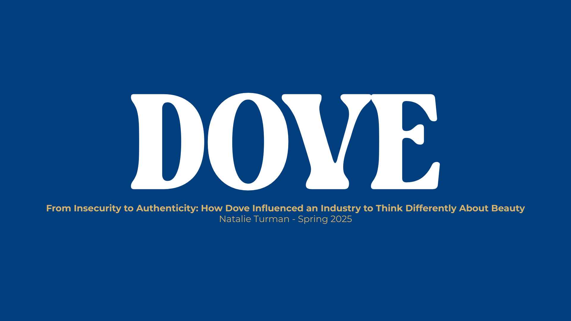 Title slide of a presentation titled 'From Insecurity to Authenticity: How Dove Influenced an Industry to Think Differently About Beauty' by Natalie Turman, Spring 2025.