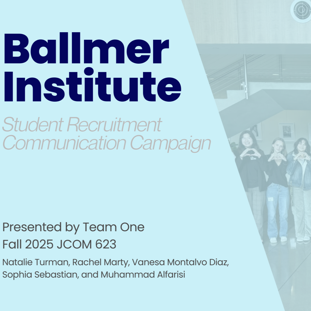 Presentation slide titled "Ballmer Institute Student Recruitment Communication Campaign," featuring a group of students making heart signs with their hands in a classroom or gathering space.