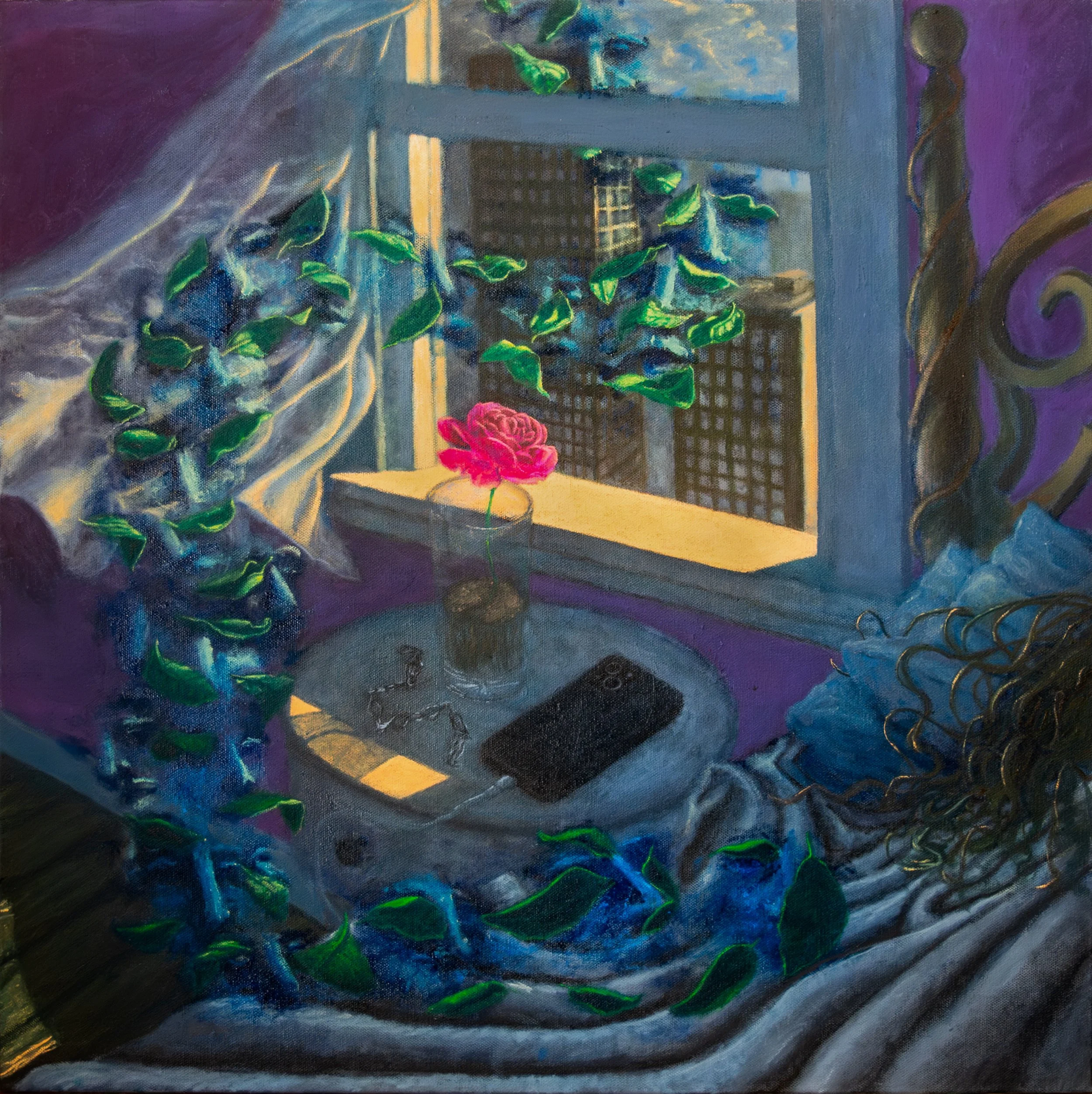 Spirit Serpent with Flower. oil on canvas, 24" x 24" 2025.