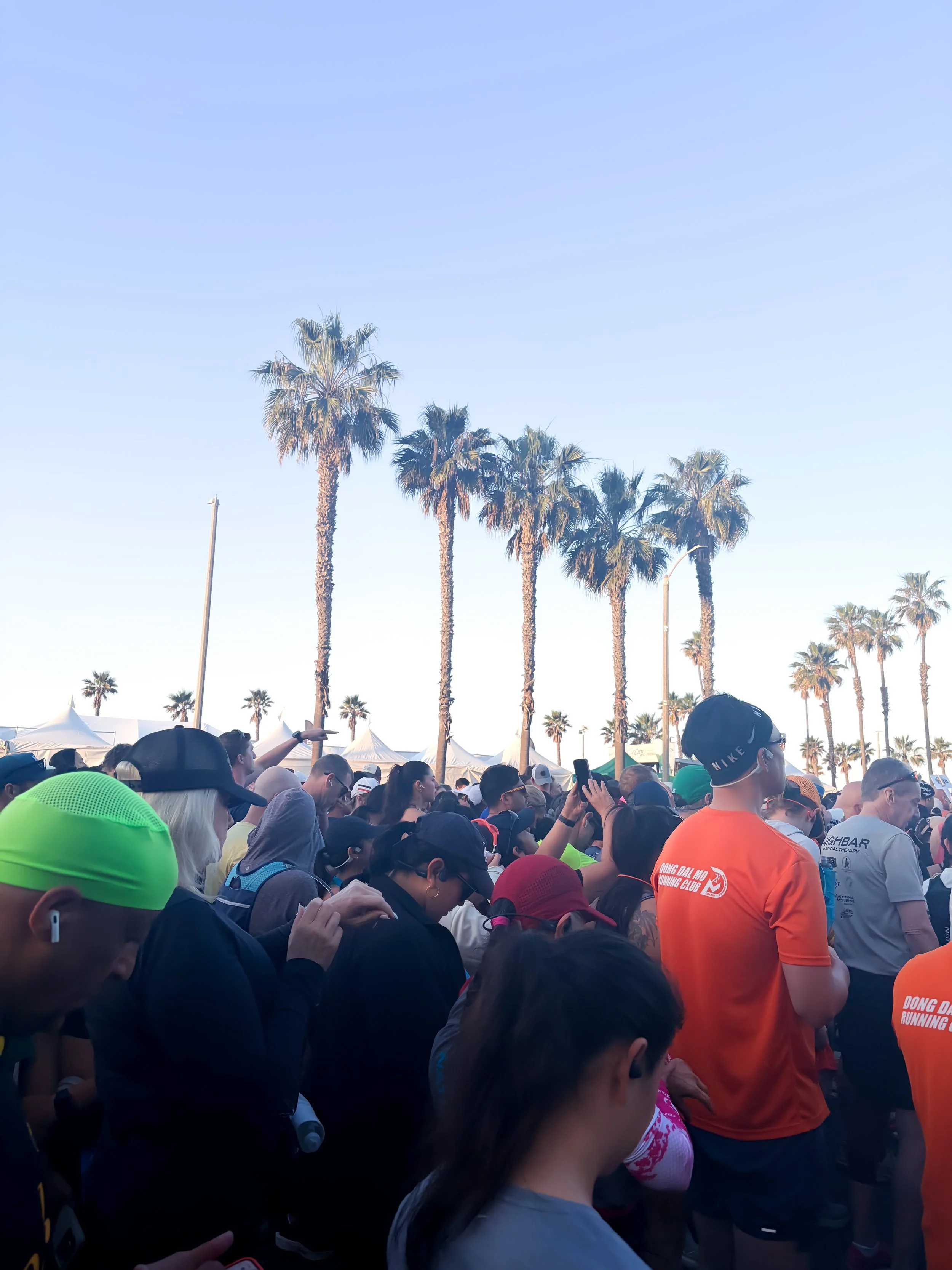 Runners waiting to start the surf city marathon in Huntington beach cool palm trees