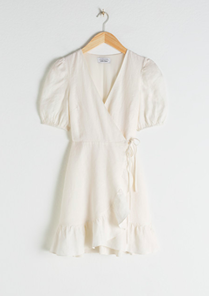 Puff Sleeve Linen Wrap Mini Dress