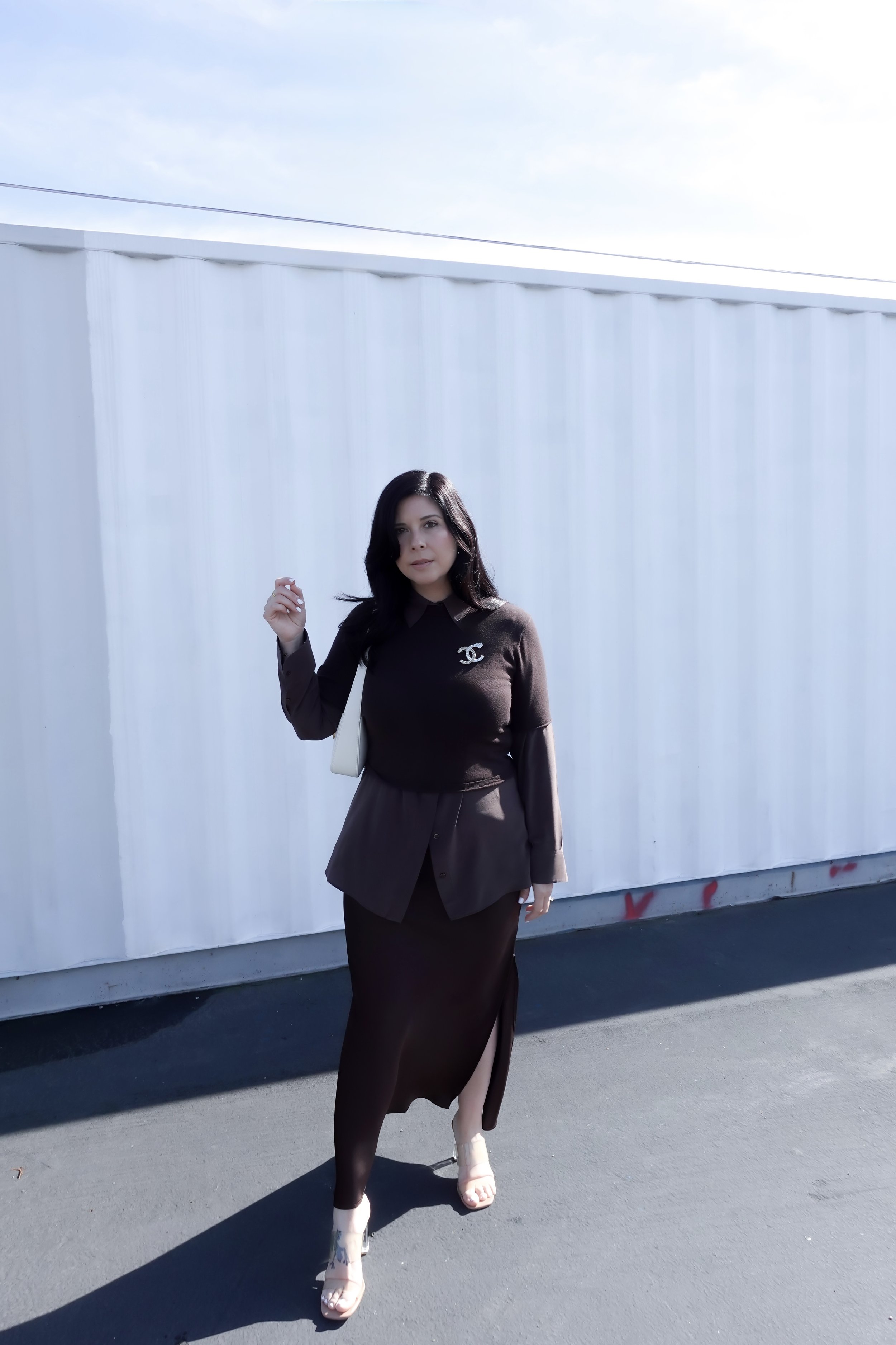 Spring outfit all brown with a gorgeous Chanel pin and see thru heels