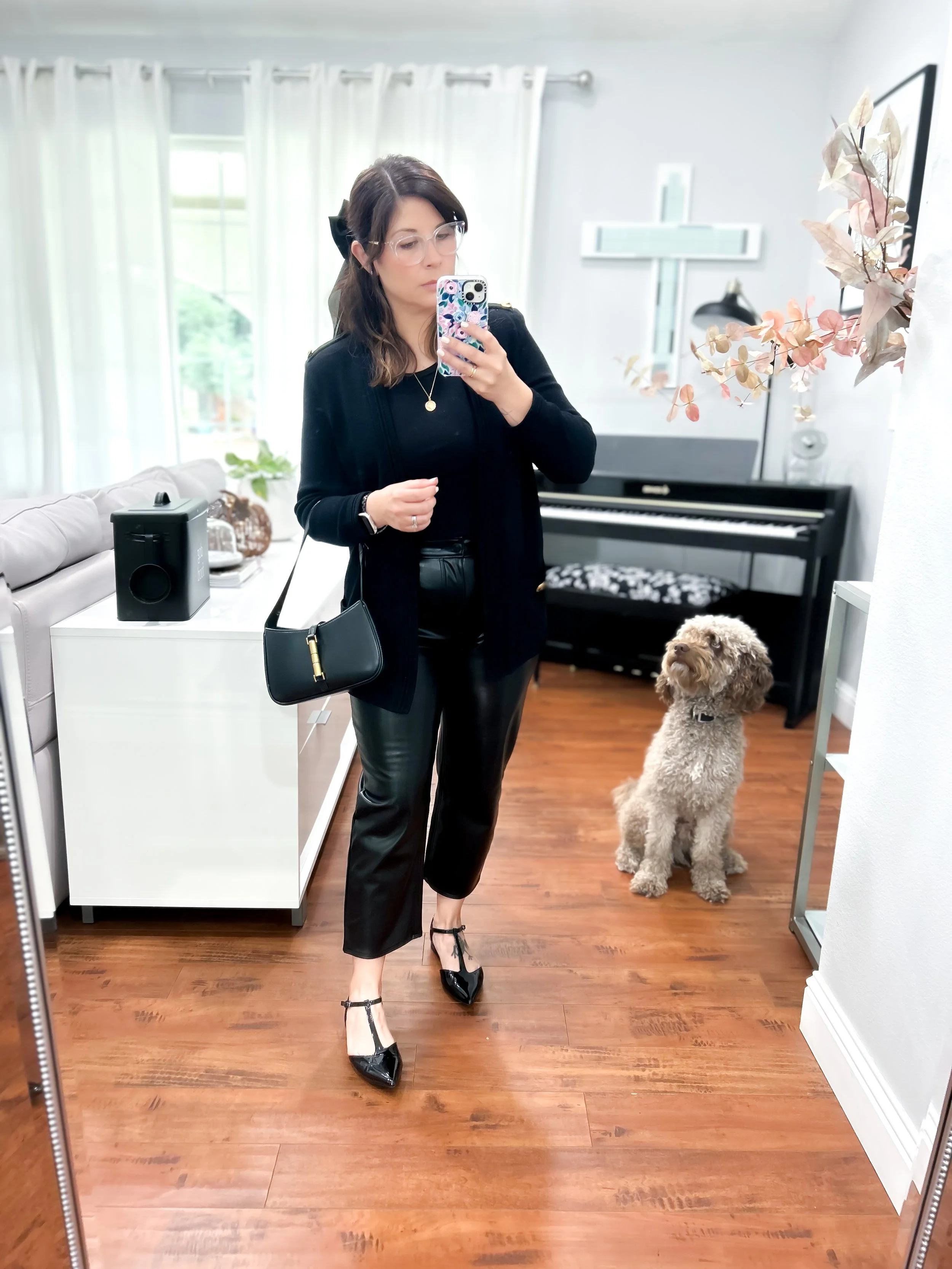 All Black outfit with pointy shinny mary jane flats perfect for church and running  errands