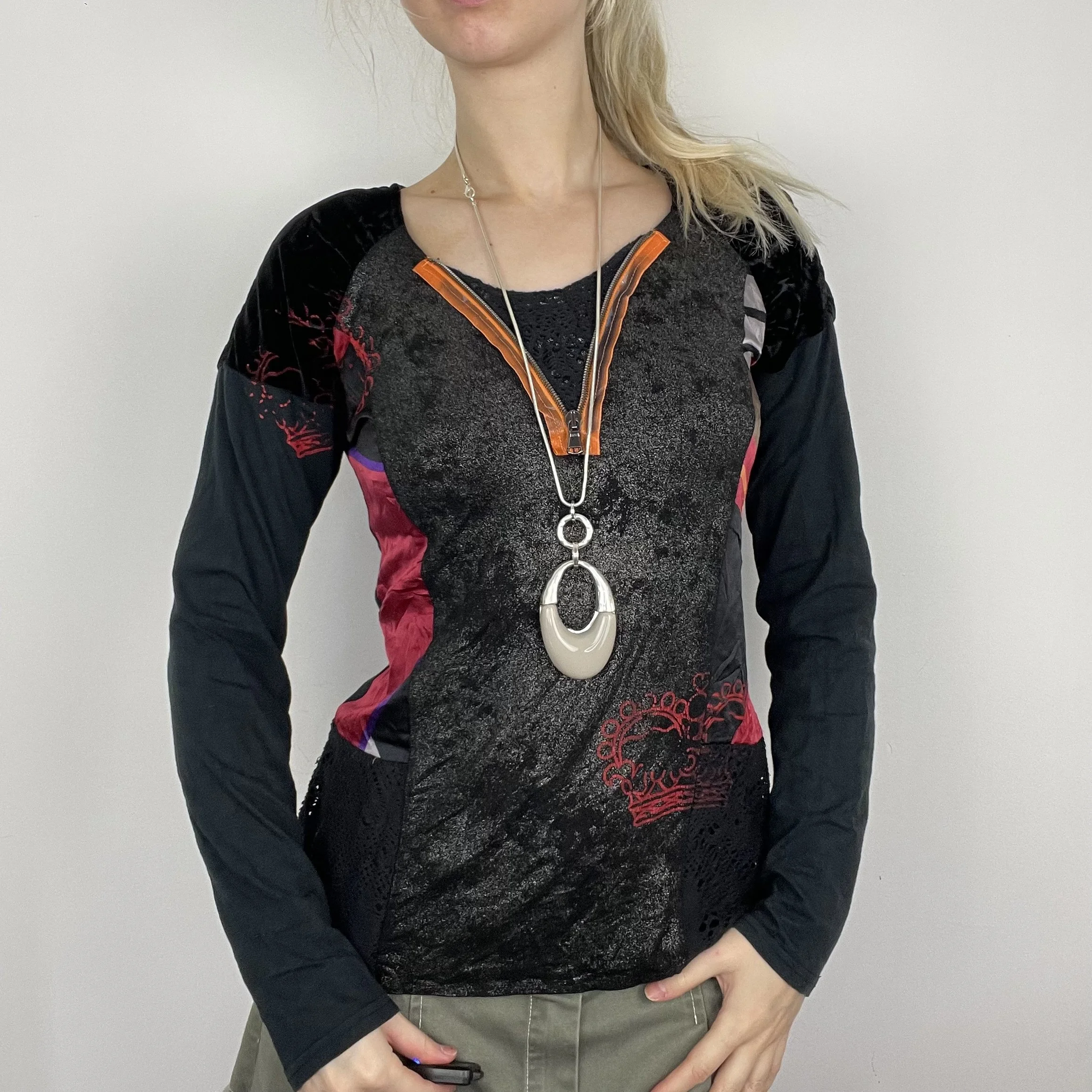 L black red velvet velour long sleeve orange abstract graphic print pattern zip up unique blouse