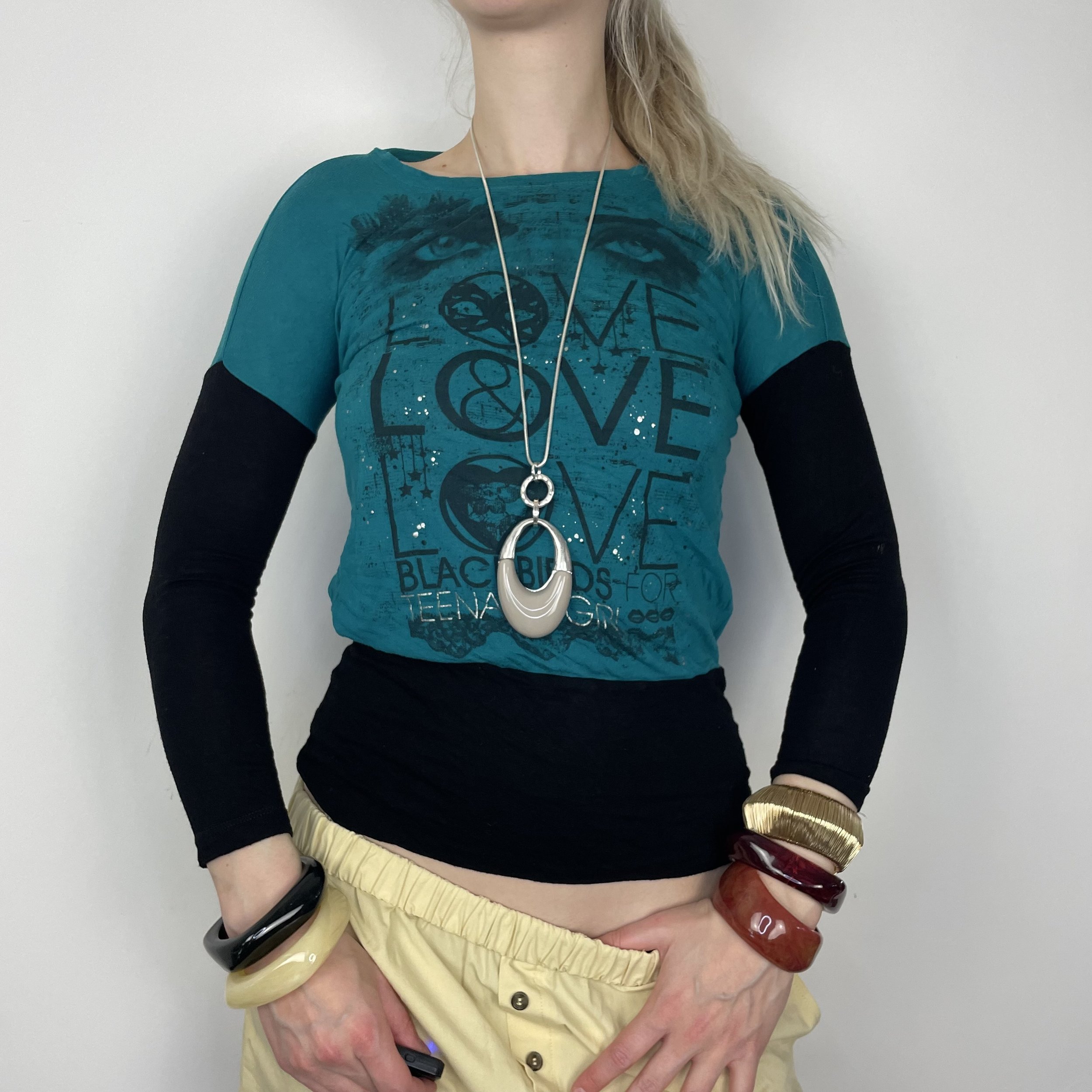 XS turquoise blue and black long sleeve graphic printed writing pattern love design embellished, sparkly blouse