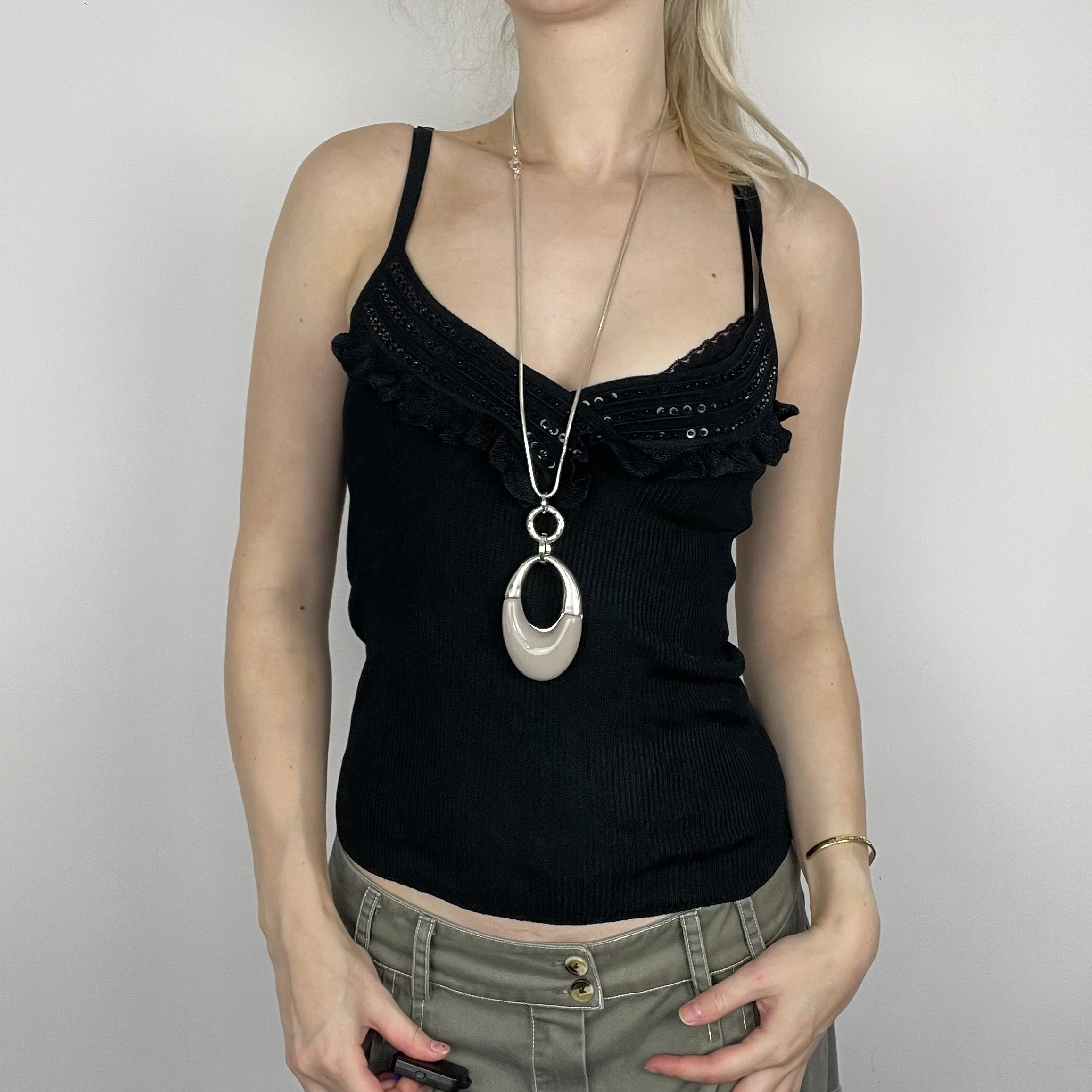 M black strappy sequin embellished, sparkly frilly ruffle cami