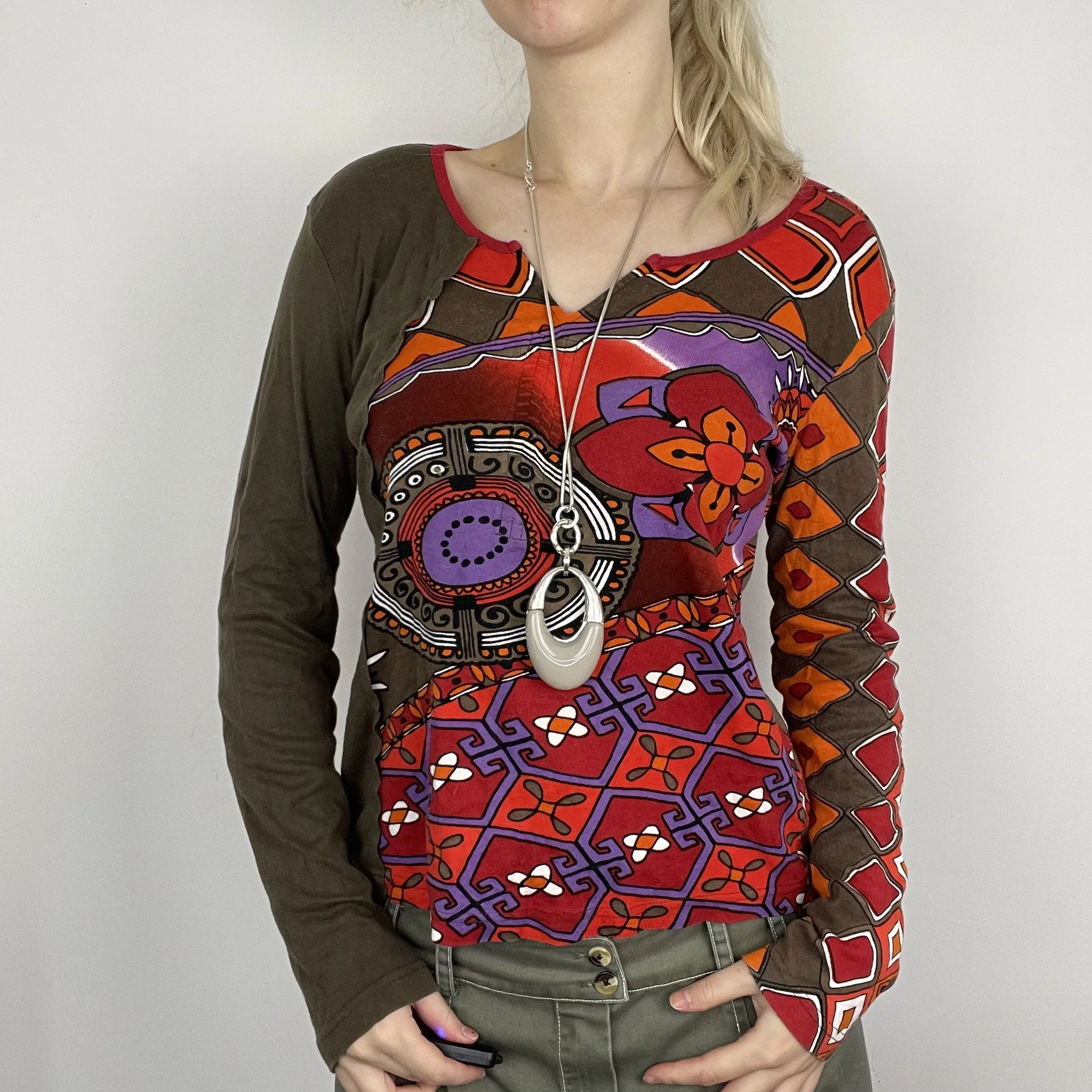 XL retro long sleeve brown orange red unique abstract geometric graphic print pattern blouse