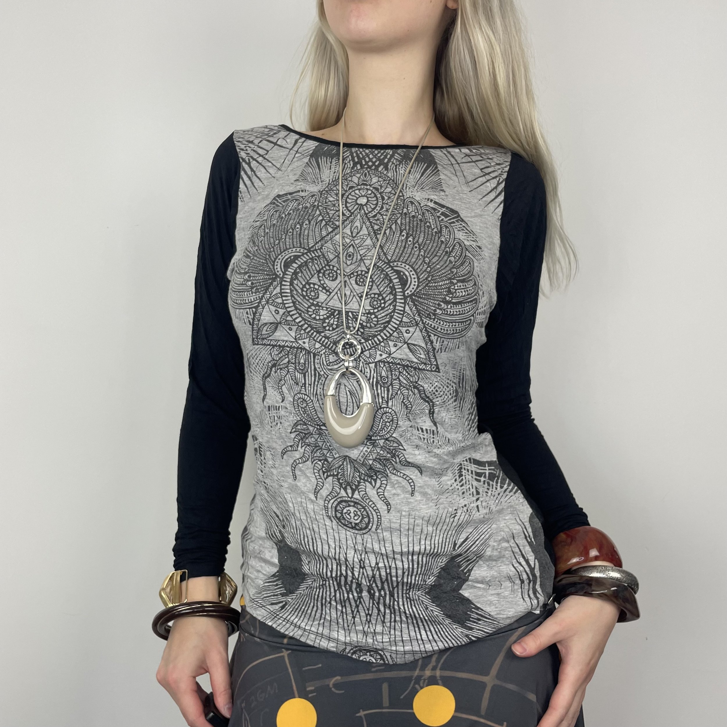 S grey black mesh abstract geometric graphic print patterned long sleeve blouse