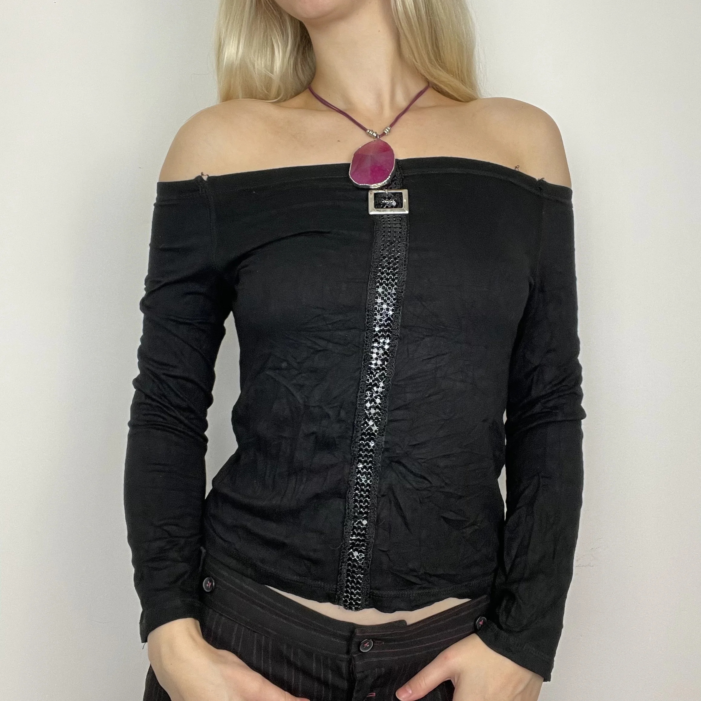 S/M black off the shoulder long sleeve embellished sparkly Glam sequin blouse