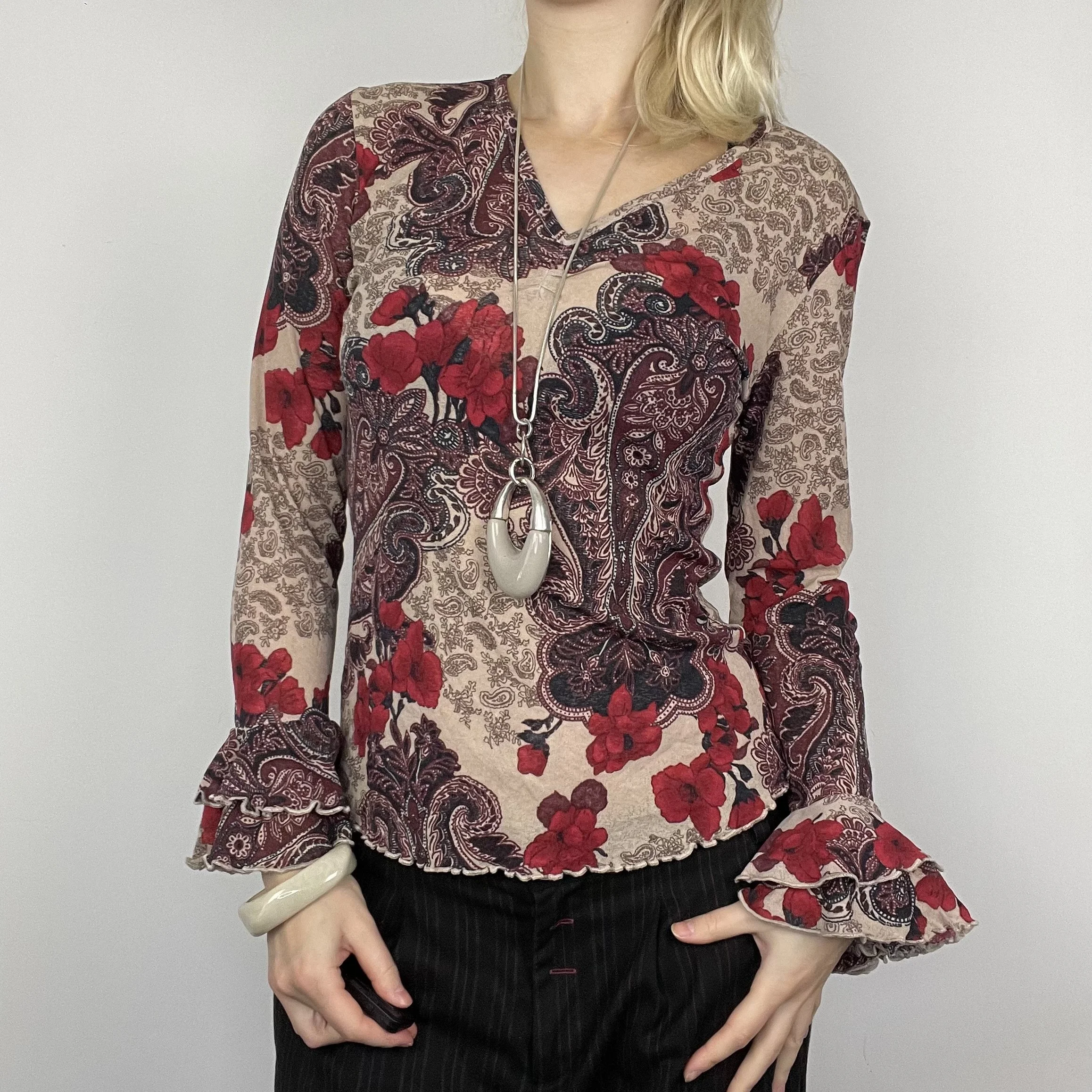 M red pink purple paisley flared long sleeve fairy boho core abstract floral graphic print pattern blouse