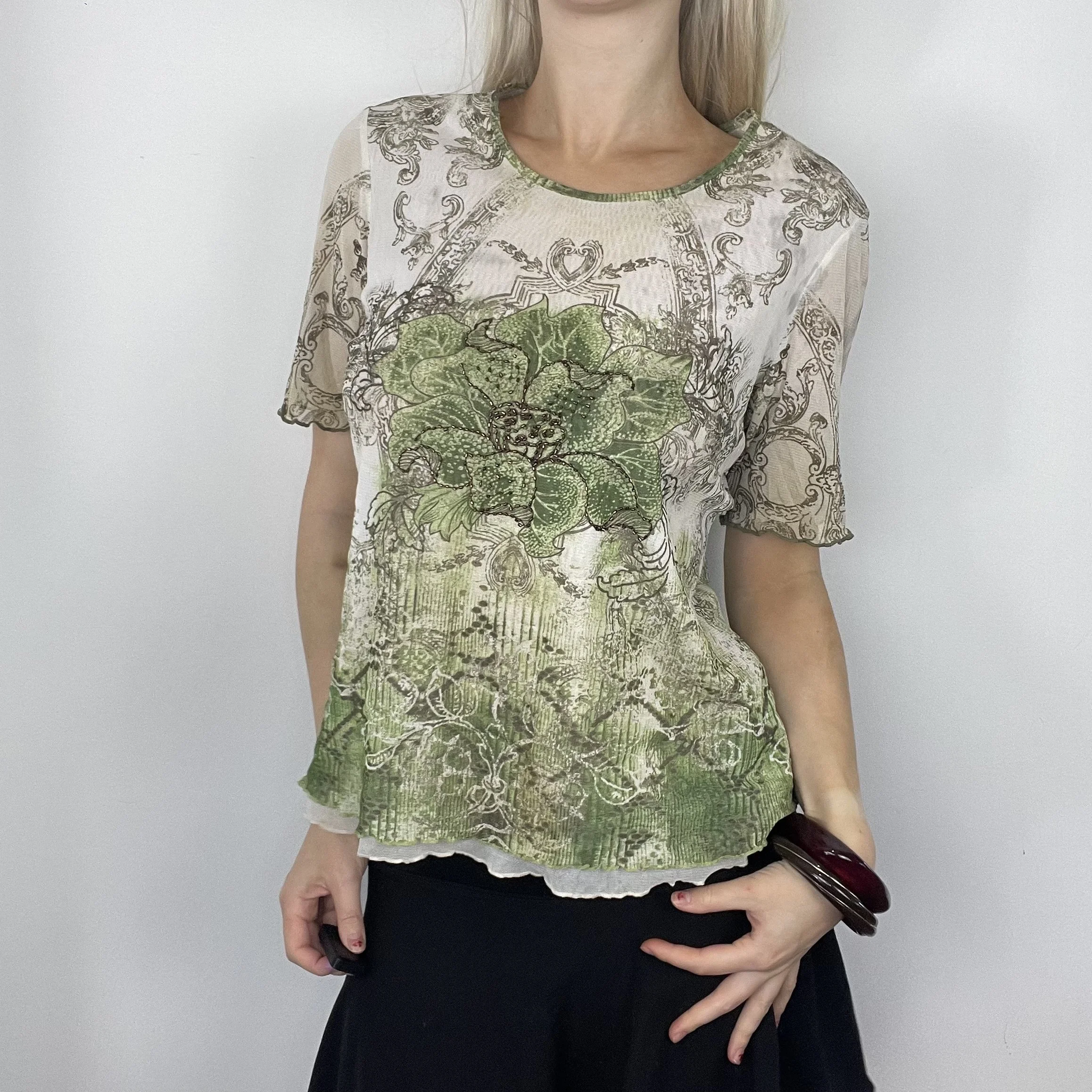 L green white colourful floral mesh ruffle fairy cottage core abstract graphic print pattern short sleeve blouse