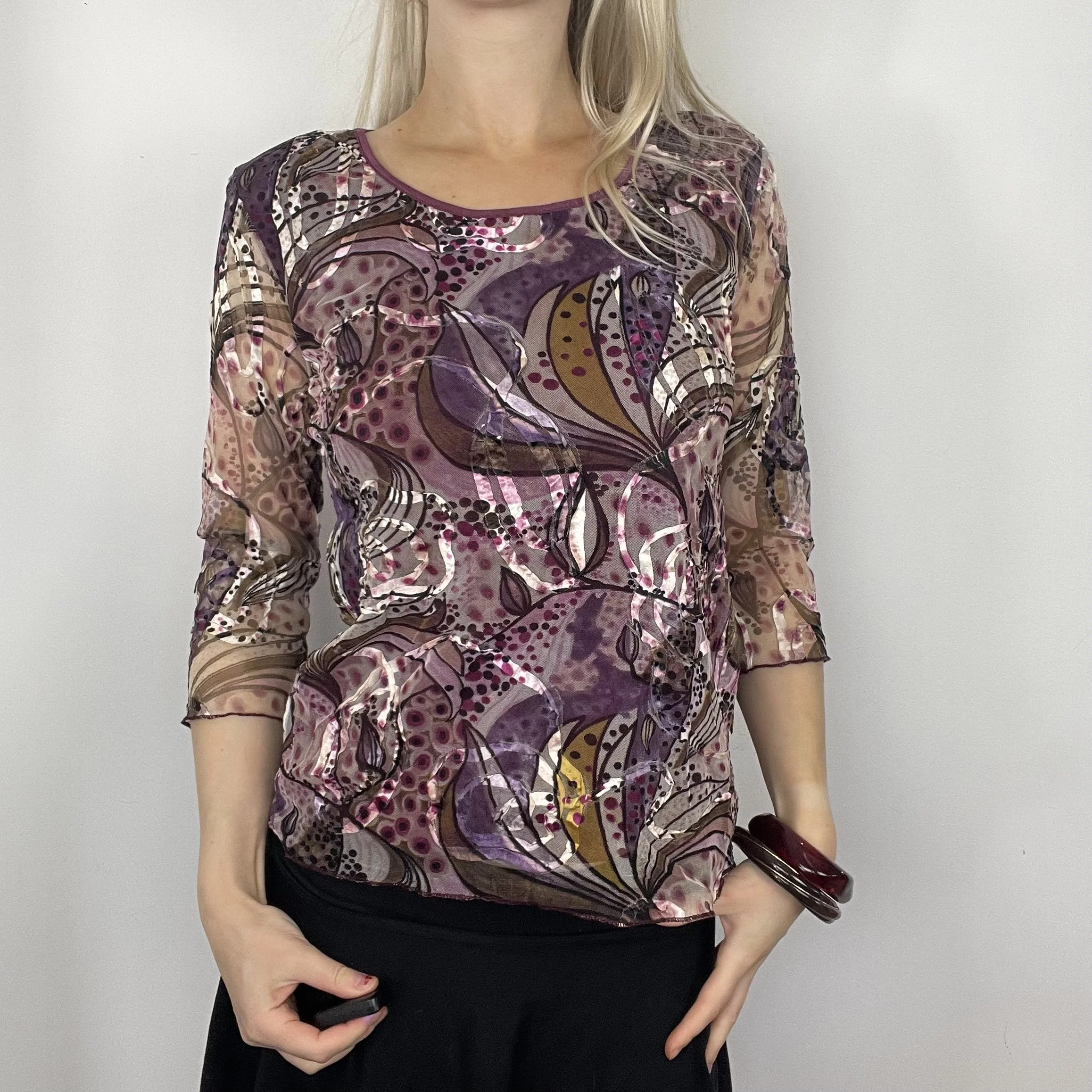 M/L purple colourful mesh three-quarter length sleeve sheer alarm abstract graphic print patterned blouse
