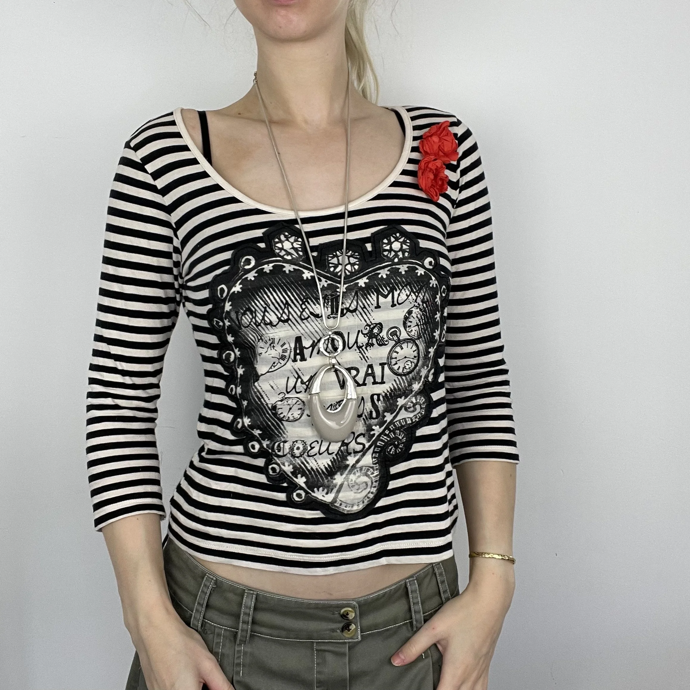 S black and white striped Vero moda three-quarter length sleeve graphic print patterned embellished heart design blouse