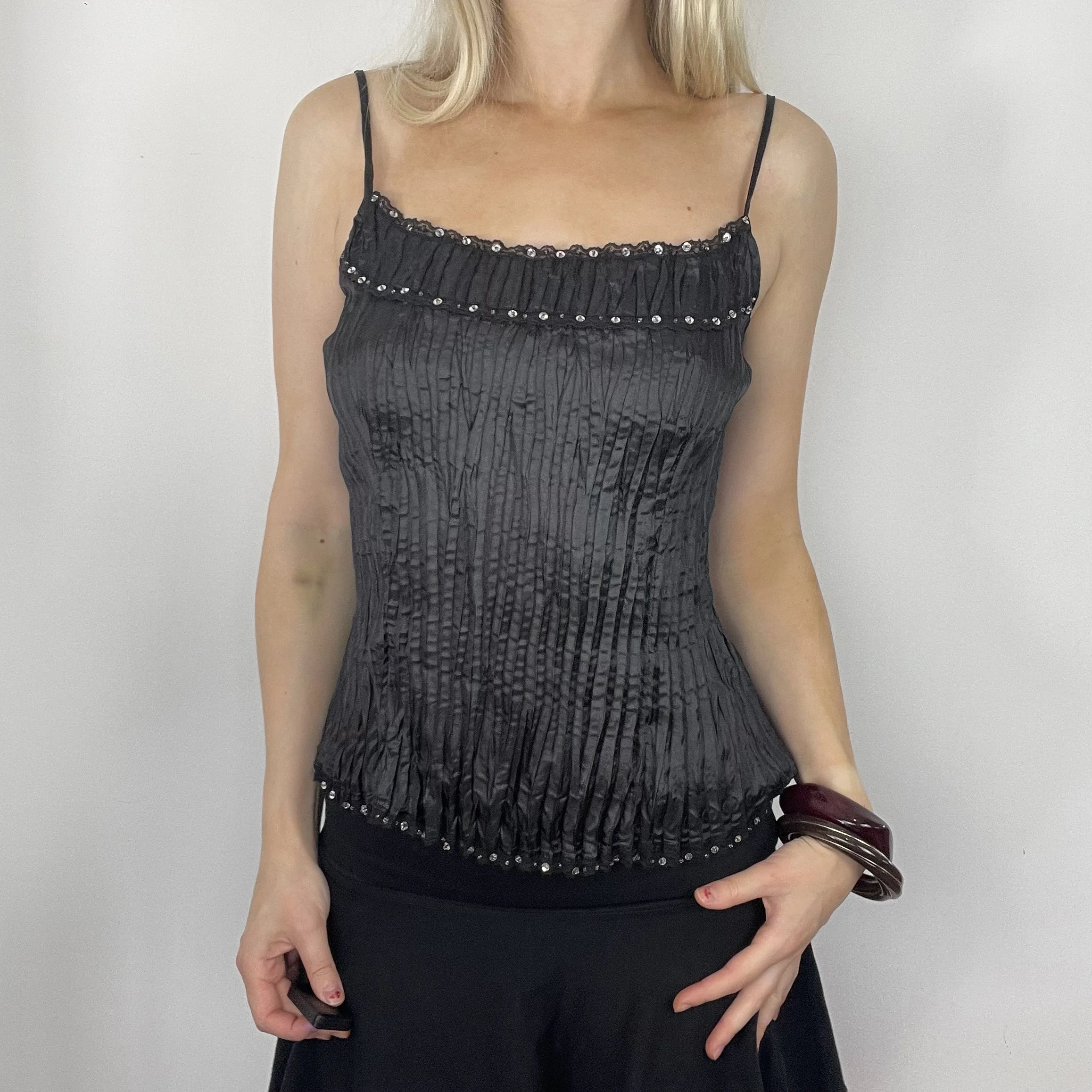 L black beaded spaghetti strap strappy Glam Gothic ruched stretchy embellished Cami