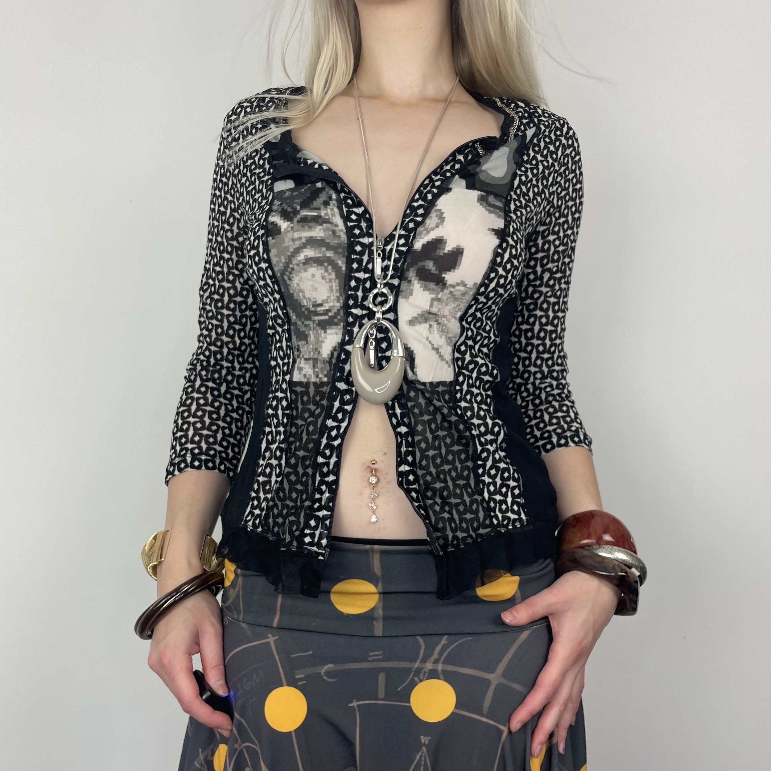 M BIBA monochrome black and white abstract geometric graphic print patterned 3/4 sleeve double zip up cardigan blouse