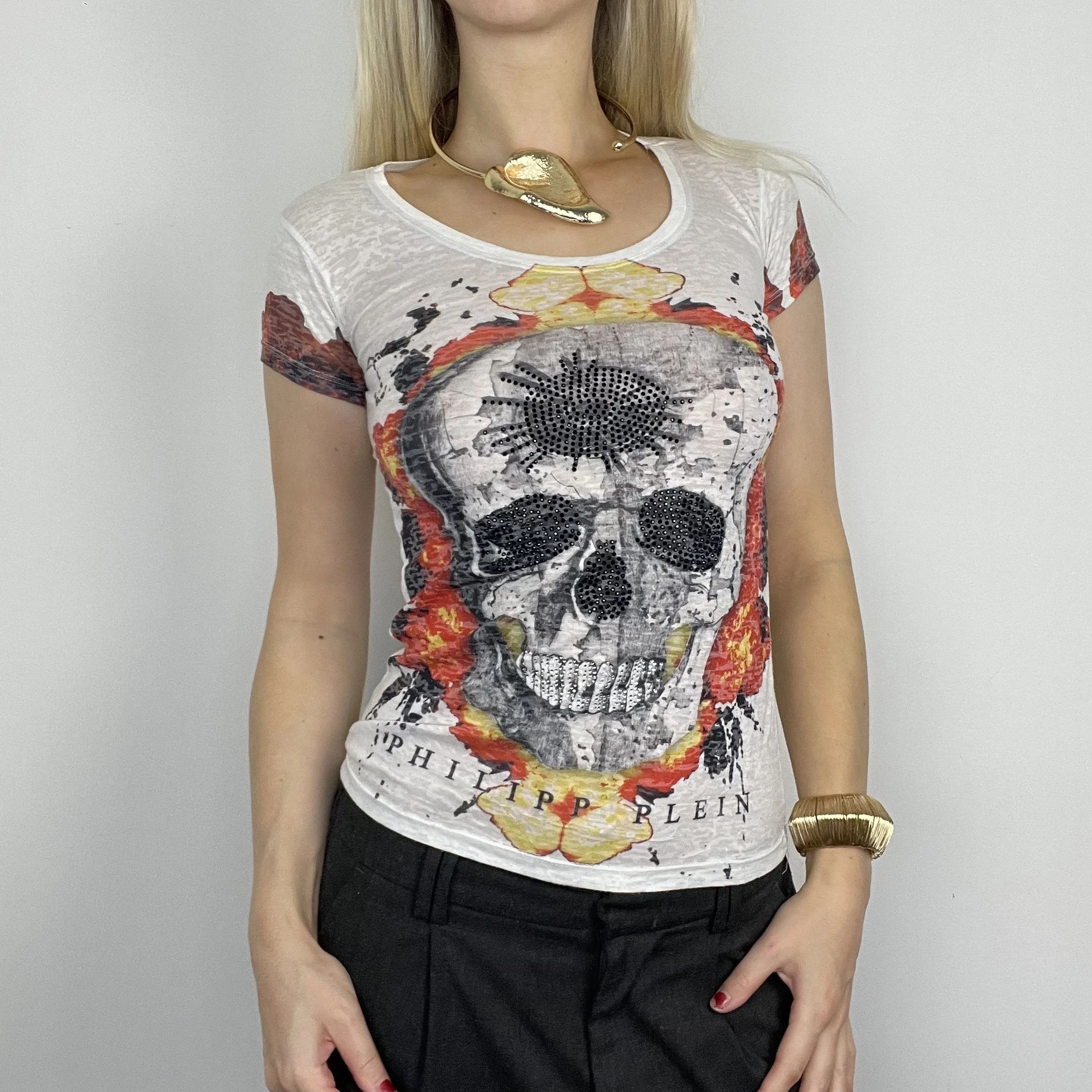 S/XS white red black short sleeve embellished abstract graphic print patterned beaded sparkly T-shirt