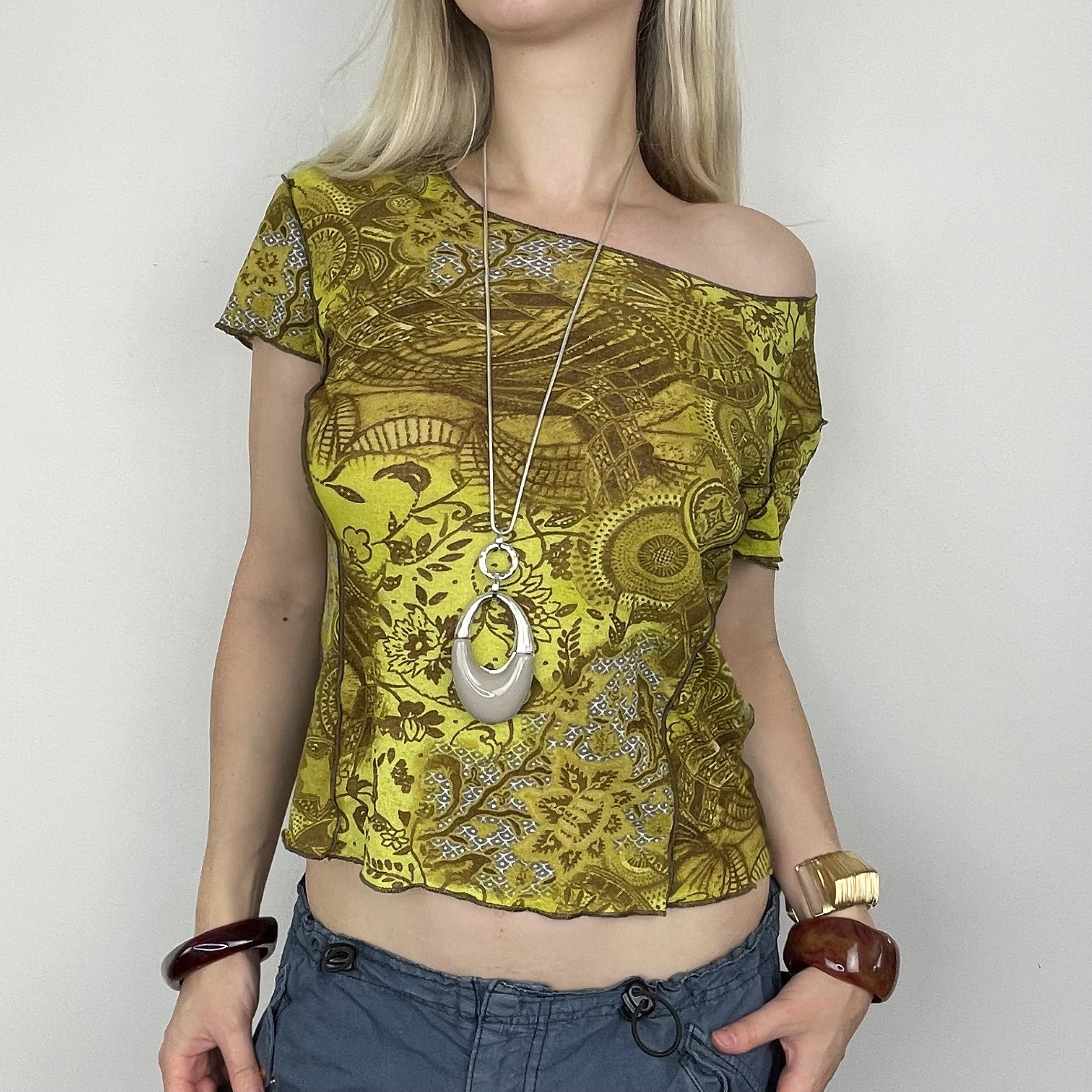 M/L green yellow short sleeve slouchy abstract floral graphic print patterned T-shirt