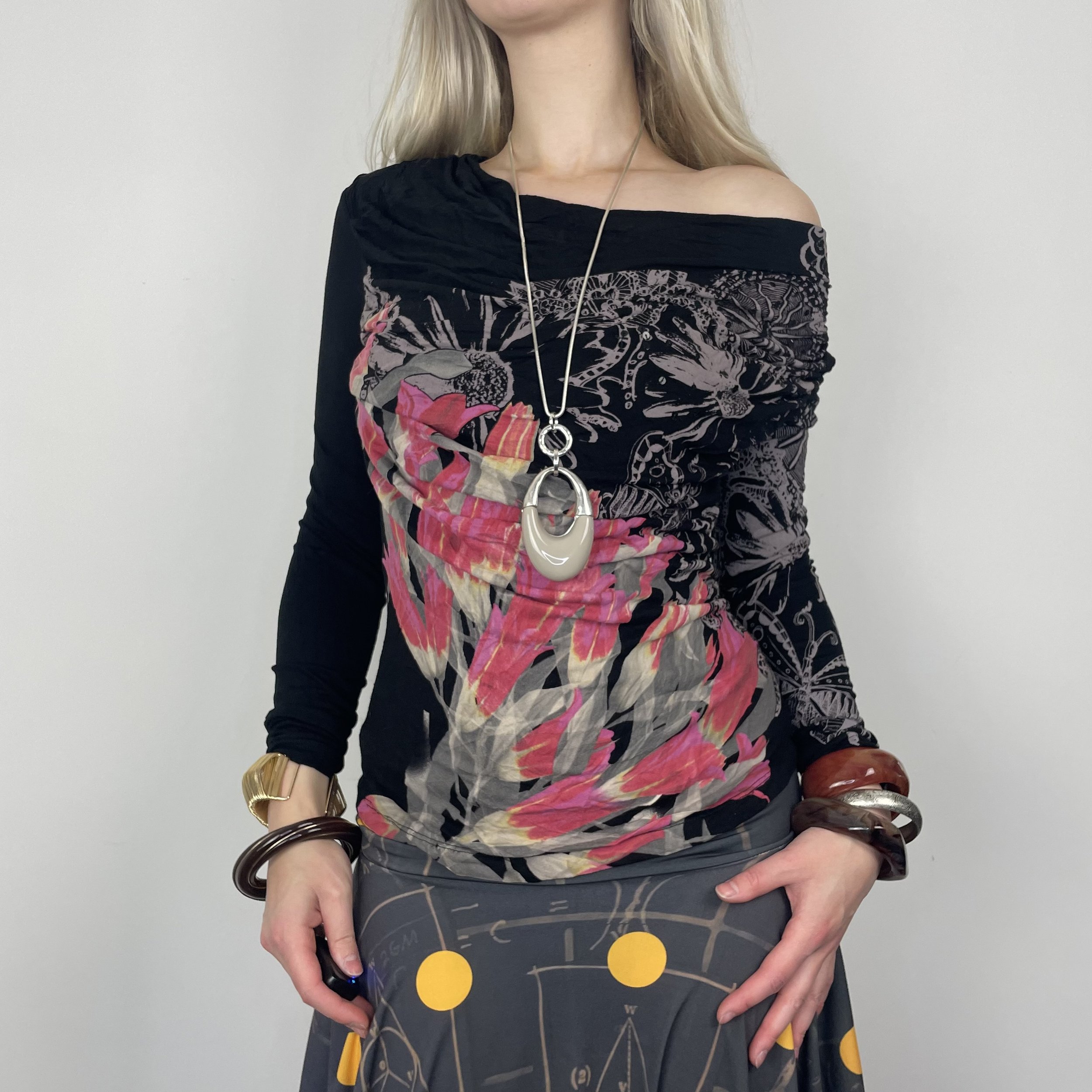 S DESIGUAL colourful black pink abstract graphic print floral patterned long sleeve cowl neck slouchy blouse