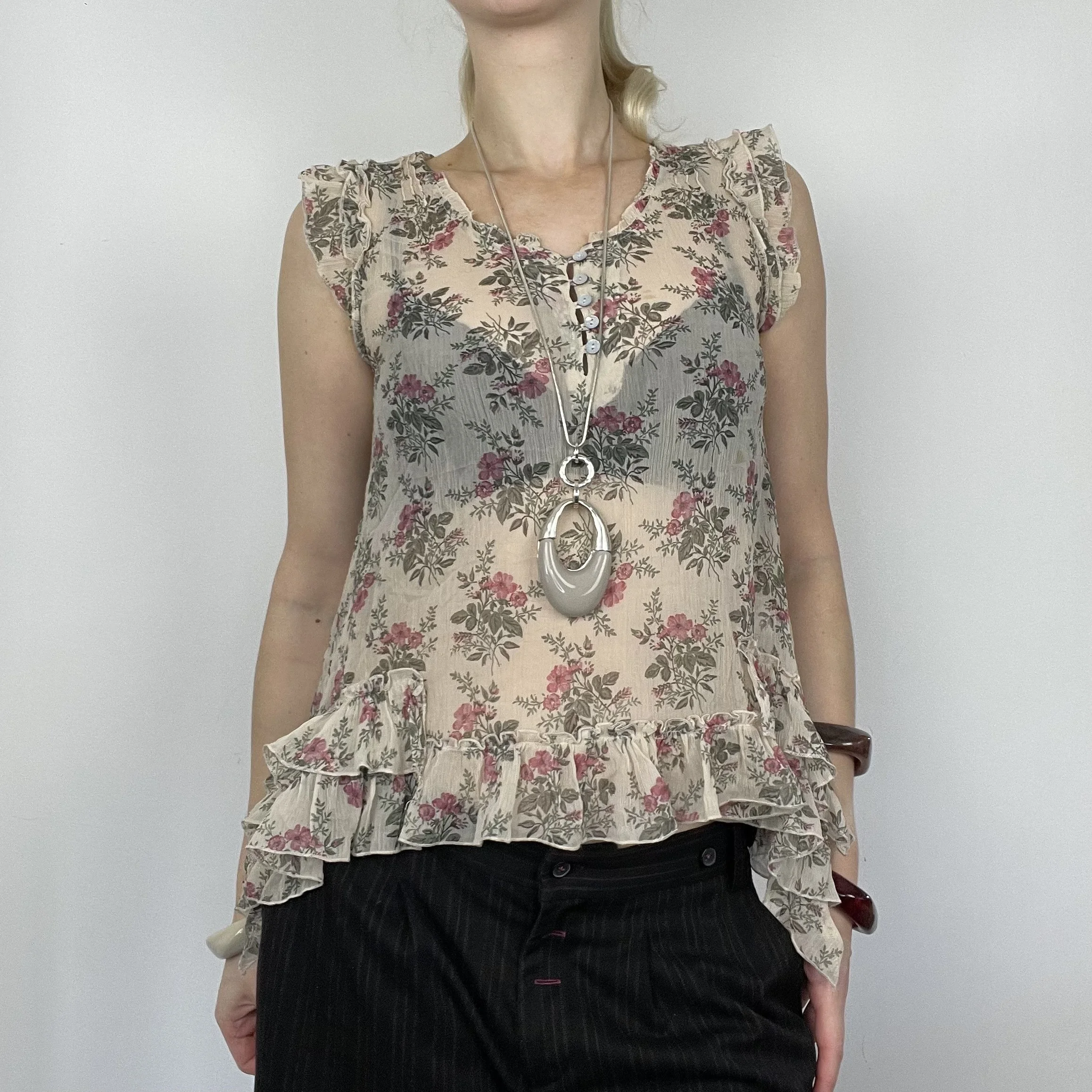 S/M Pepe jeans cream floral sheer mesh frilly ruffle button up sleeveless fairy core pattern print blouse top