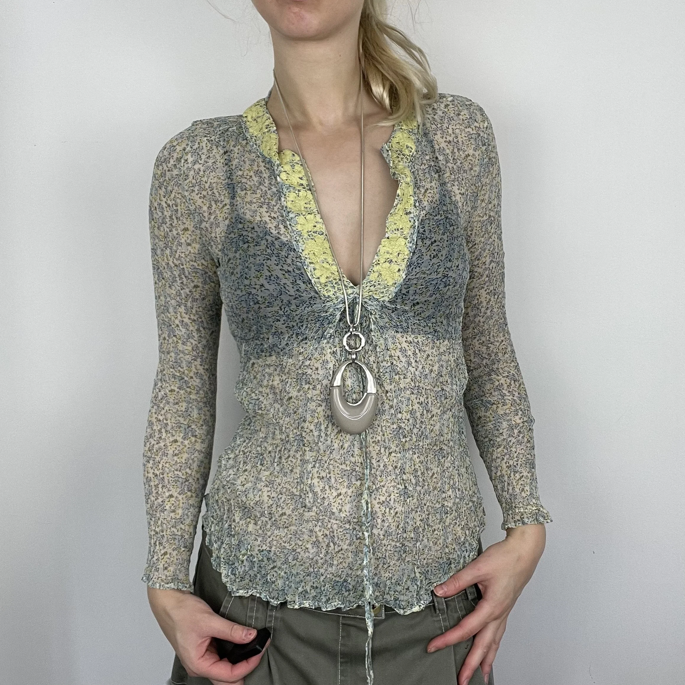 S floral yellow blue green long sleeve dainty mesh sheer v-neck fairy core blouse