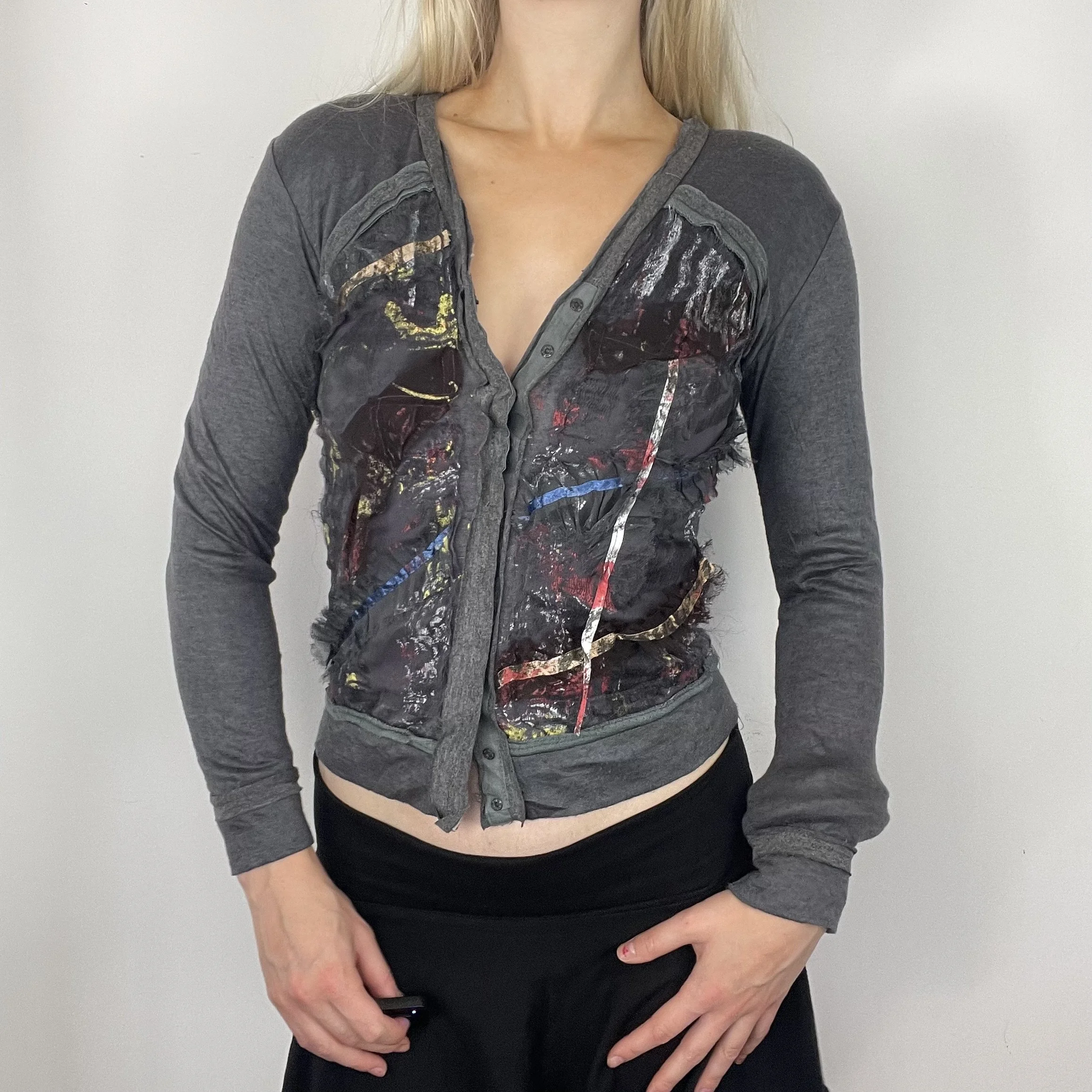 S grey multicoloured button up long sleeve abstract graphic print patterned embellished embroidered textured blouse cardigan