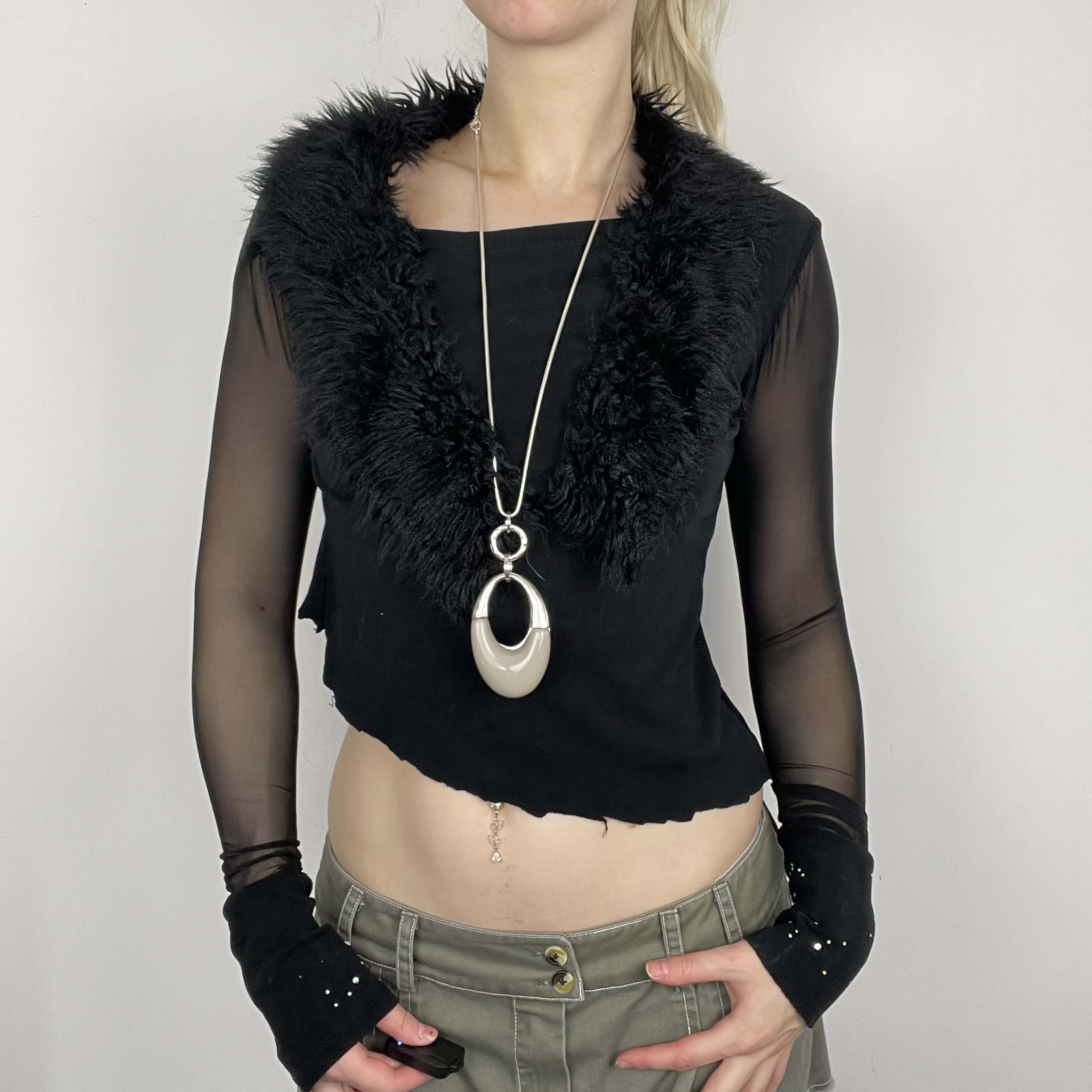 XS black mesh sheer long sleeve fur trim gothic grunge asymmetric cut blouse