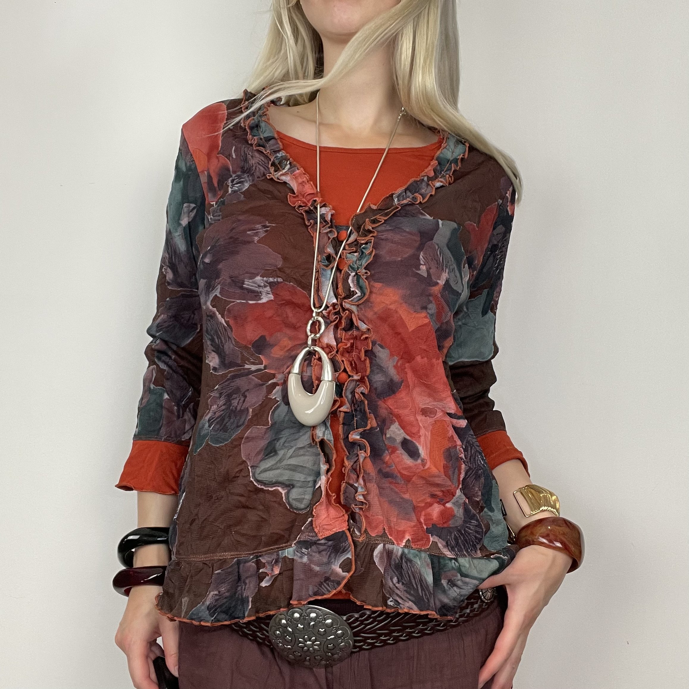L/XL red blue ruffle frilly three-quarter length sleeve double layer floral abstract graphic print patterned blouse