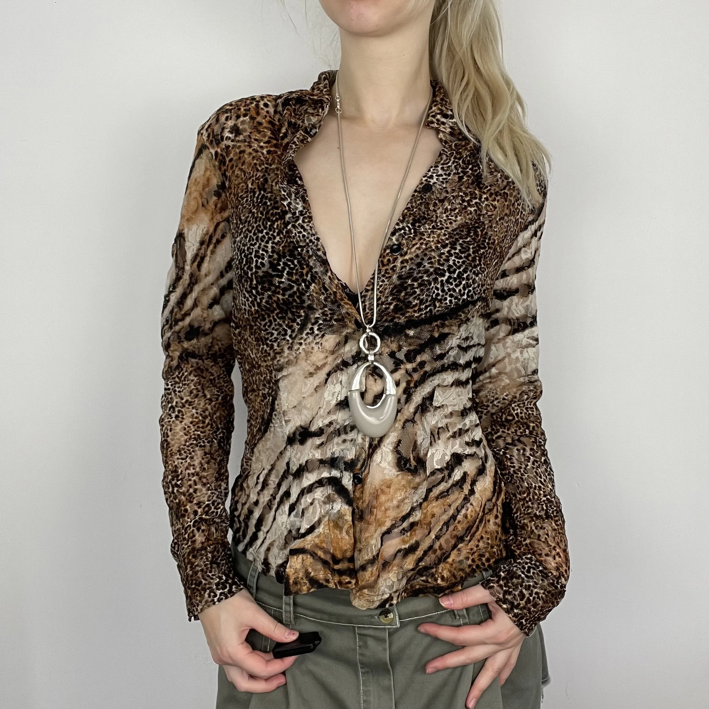 M/L brown and cream cheetah print animal graphic print pattern button up mesh sheer long sleeve shirt