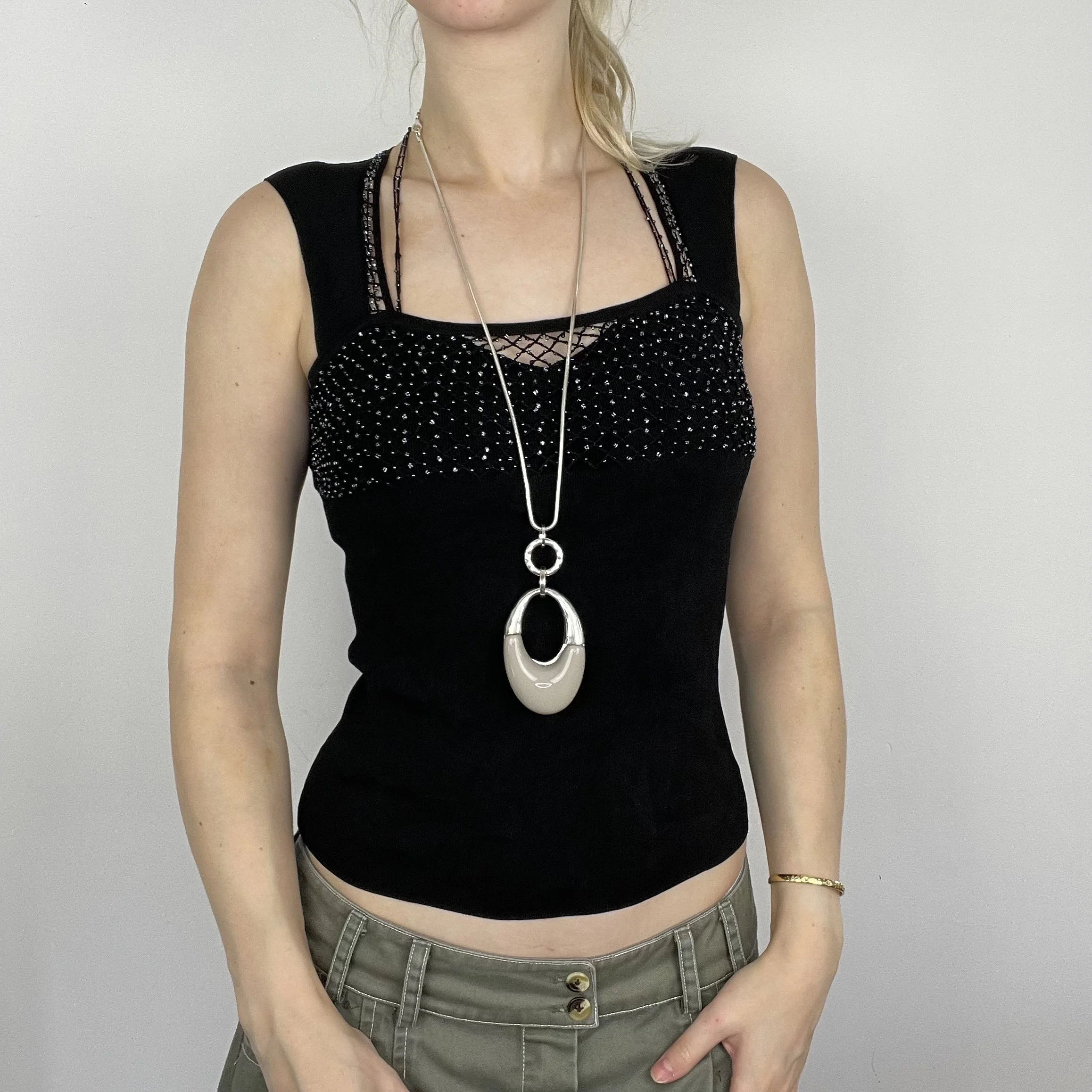 M black silver embellished beaded detailed sleeveless sparkly gothic tank cami