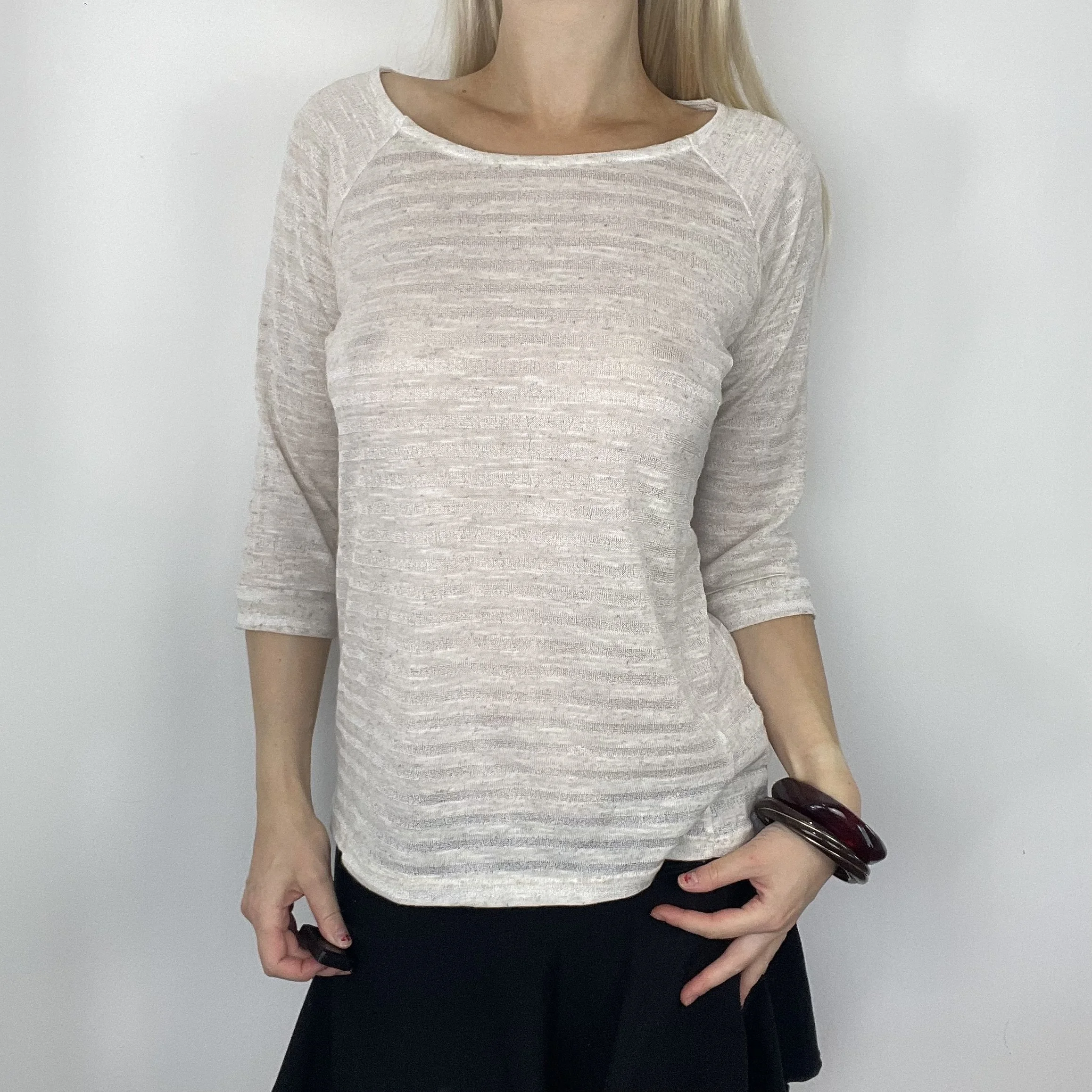 S/M off-white cream beige three-quarter length sleeve striped pattern blouse