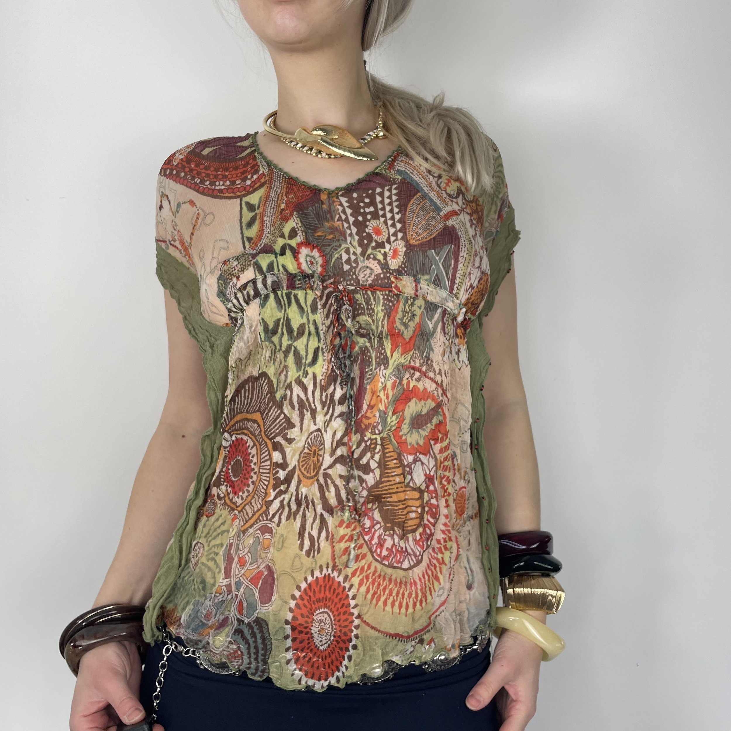 M DERHY colourful green orange abstract graphic floral print patterned mesh sheer short sleeve tie up crinkle blouse