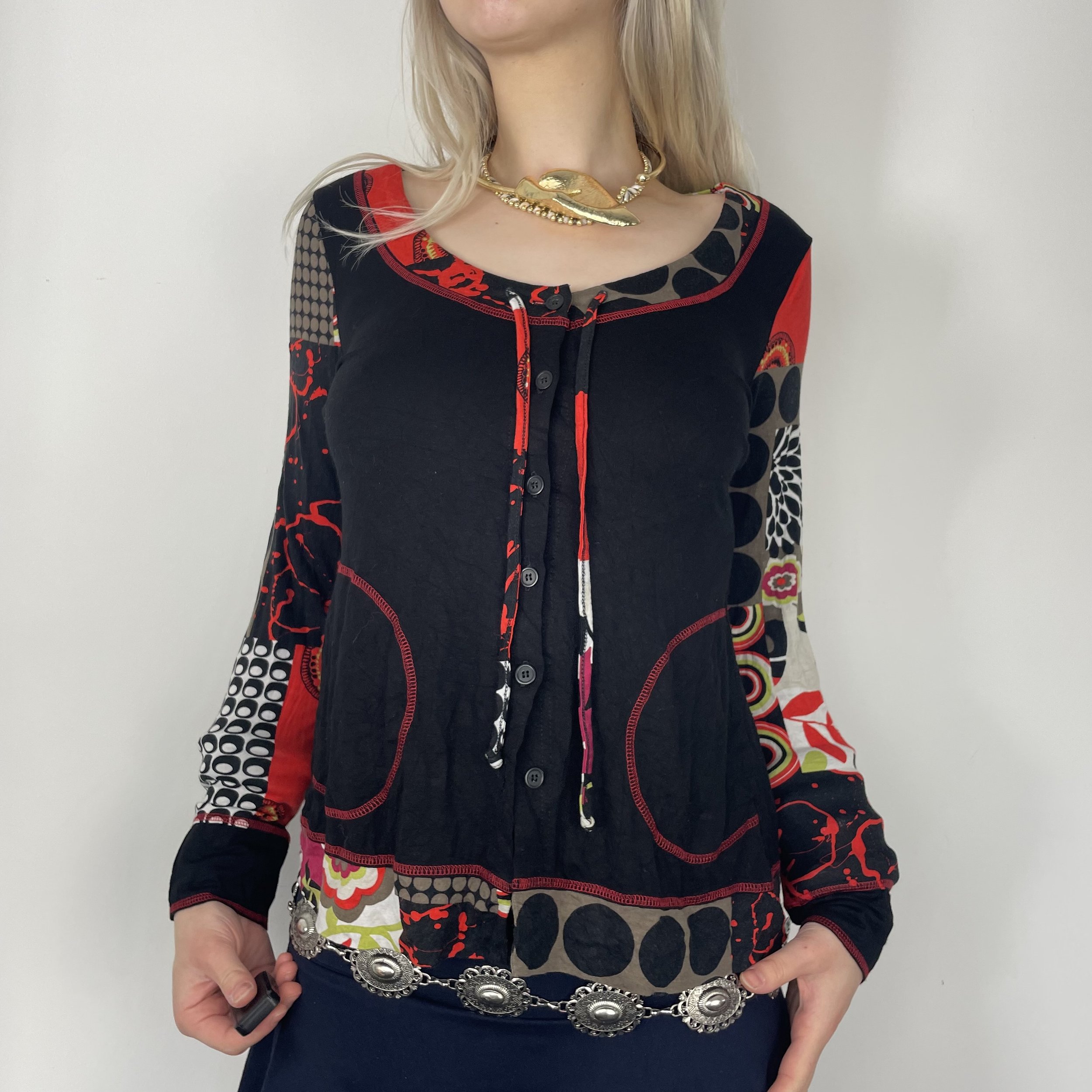 L black red multicolour abstract graphic polka dot print patterned long sleeve button up blouse/cardigan