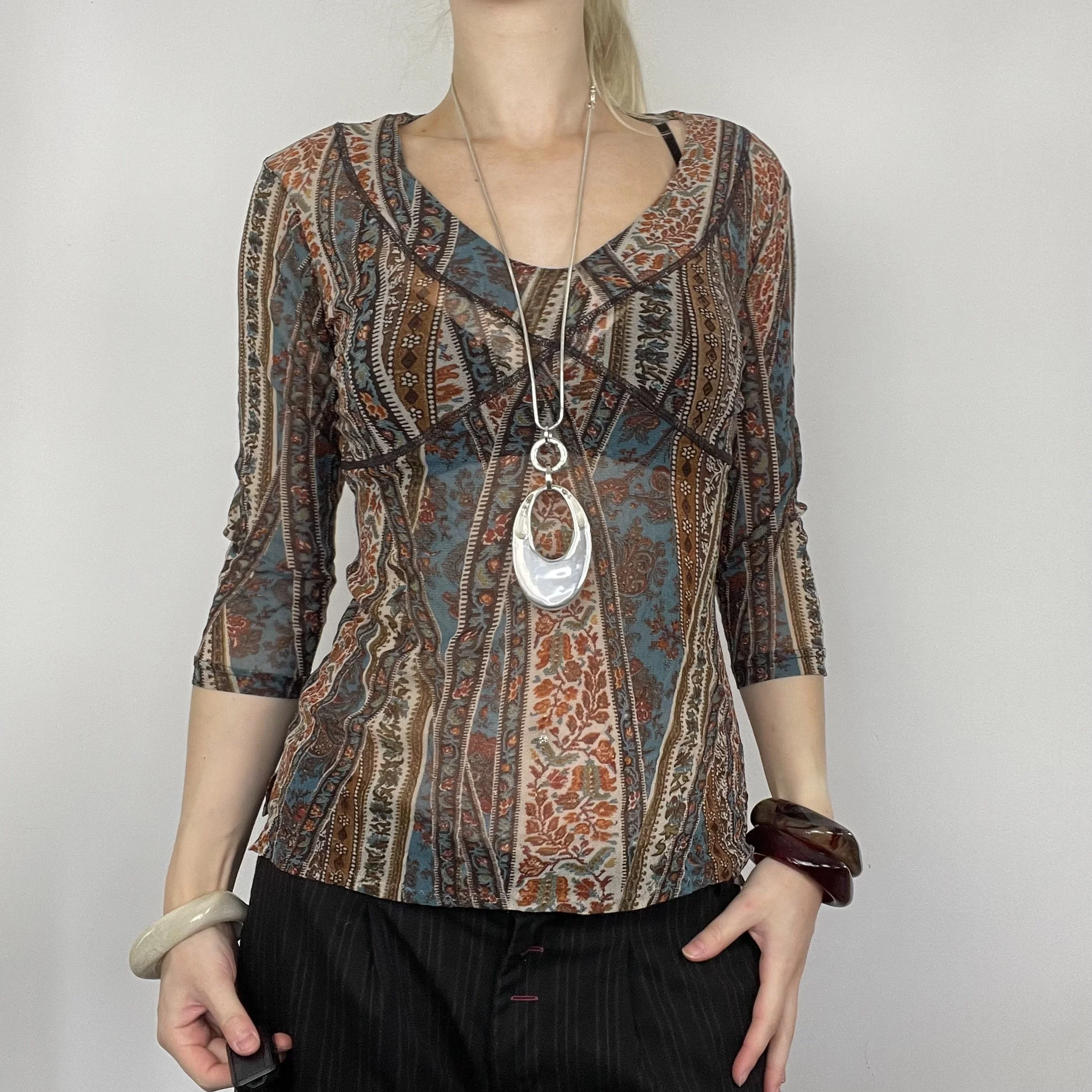 M orange blue mesh sheer three-quarter length sleeve boho Paisley abstract graphic print patterned floral blouse