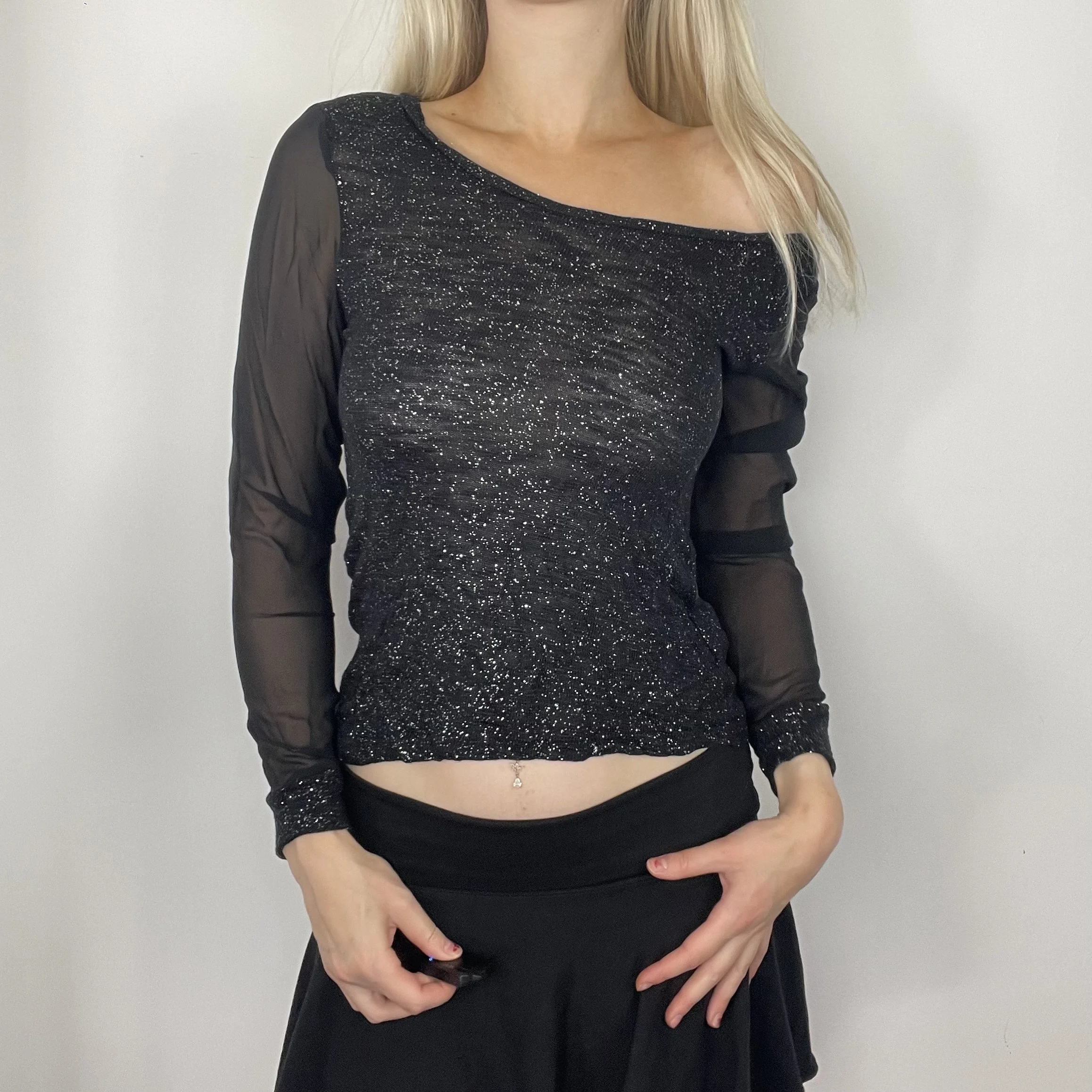 S black sparkly long sleeve mesh sheer Glam party glitter blouse