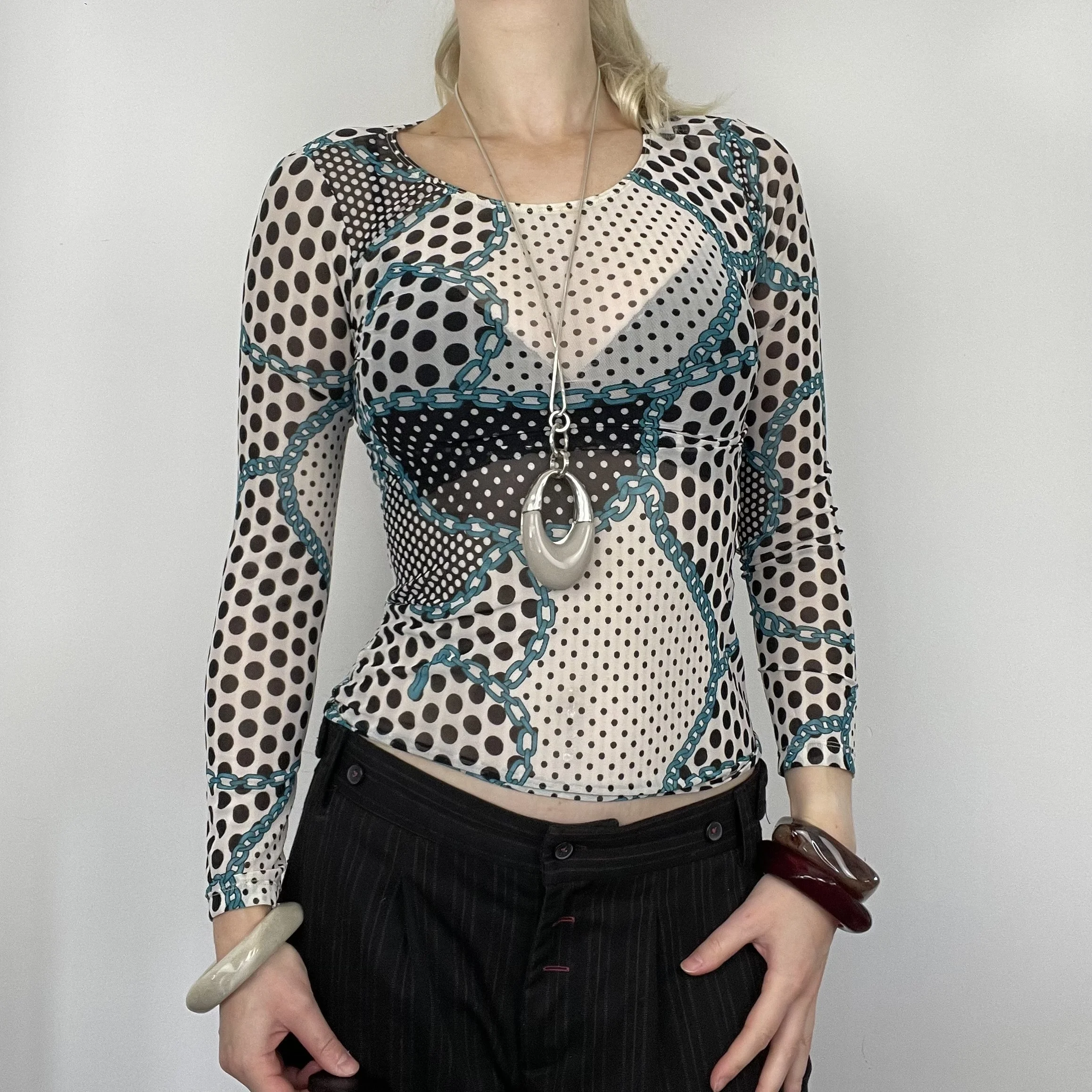S white black blue long sleeve mesh sheer abstract polkadot graphic print patterned blouse