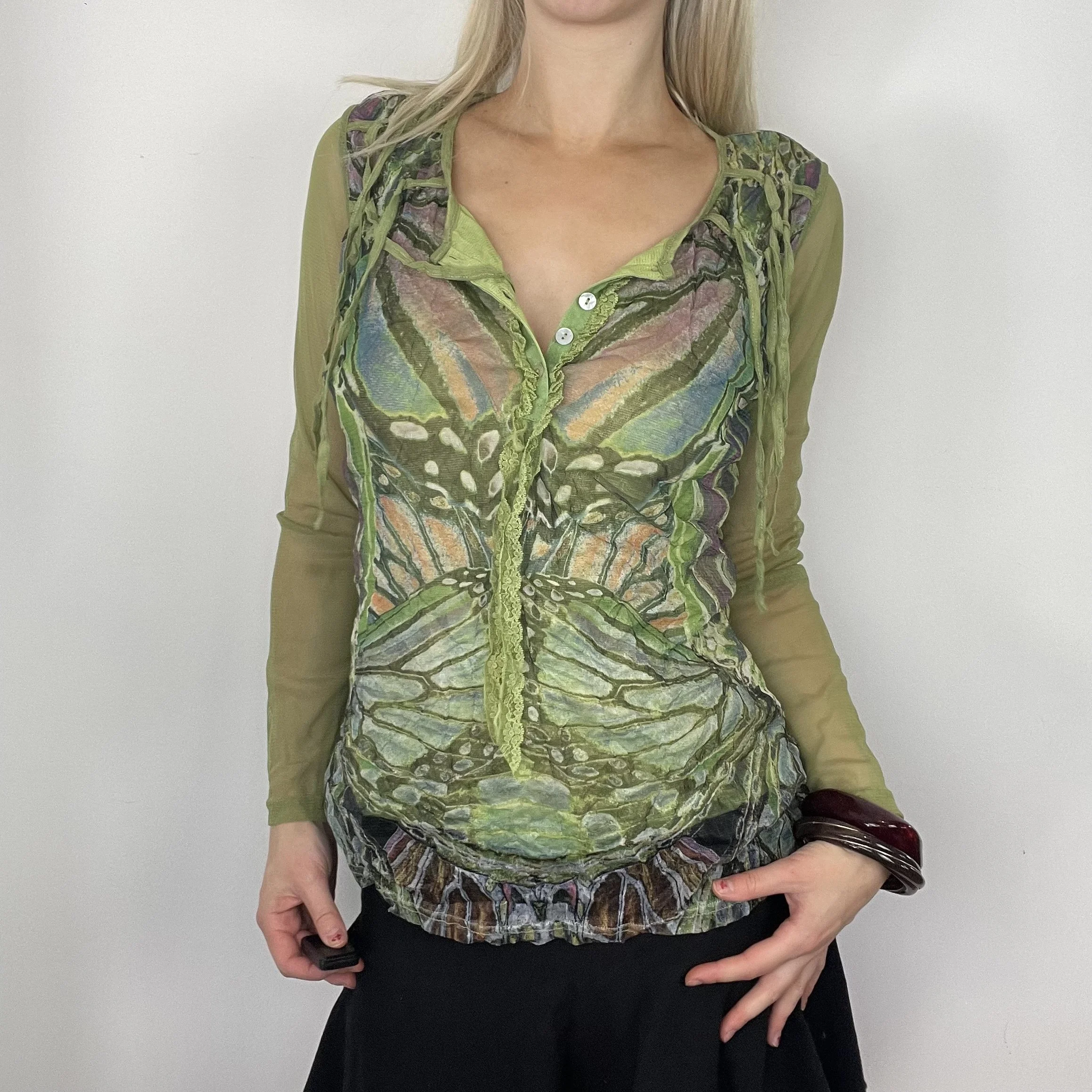 M/L amazing rare button up green brown long sleeve lace tassel mesh share fairy butterfly abstract graphic print pattern blouse