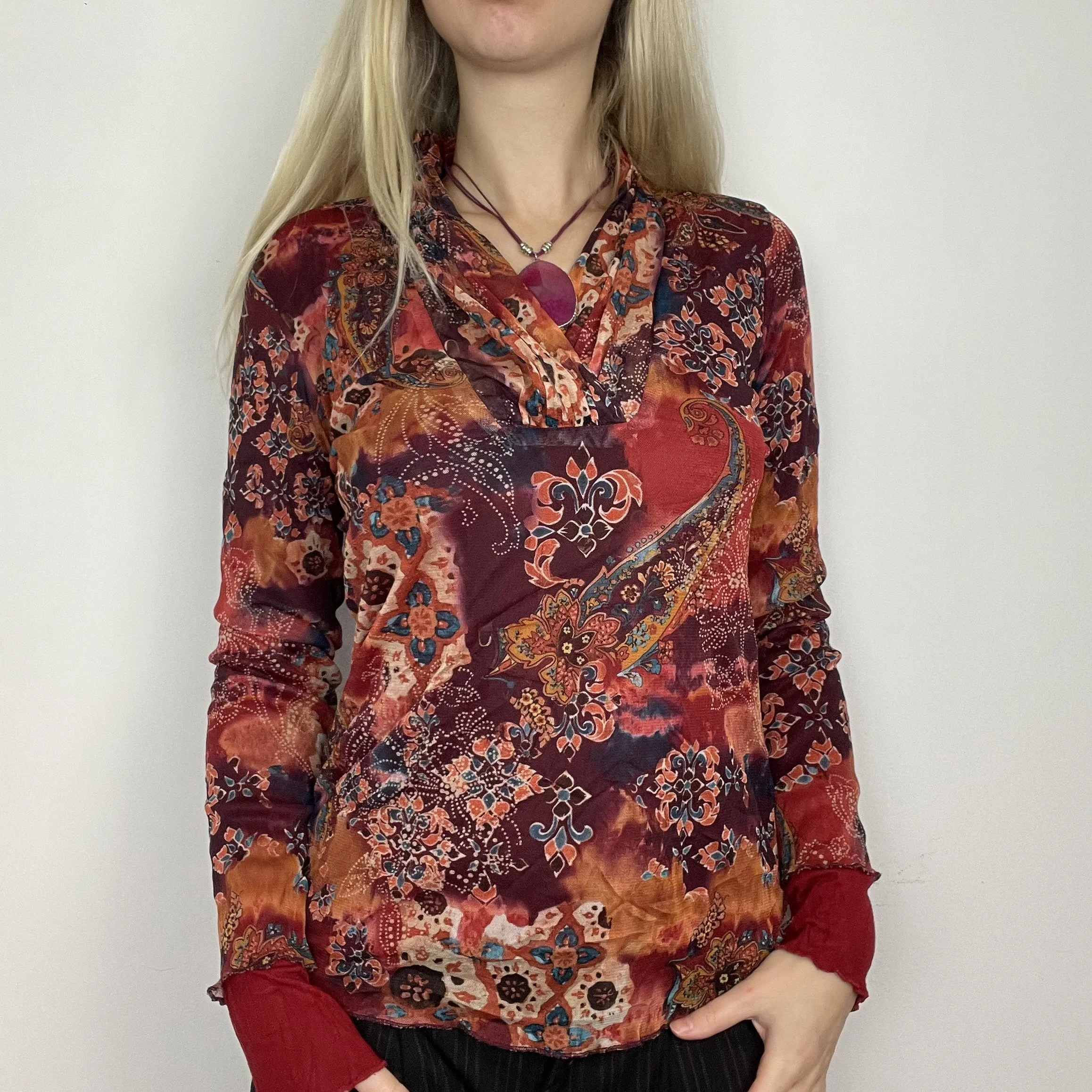 M/L red orange abstract graphic print pattern long sleeve paisley blouse